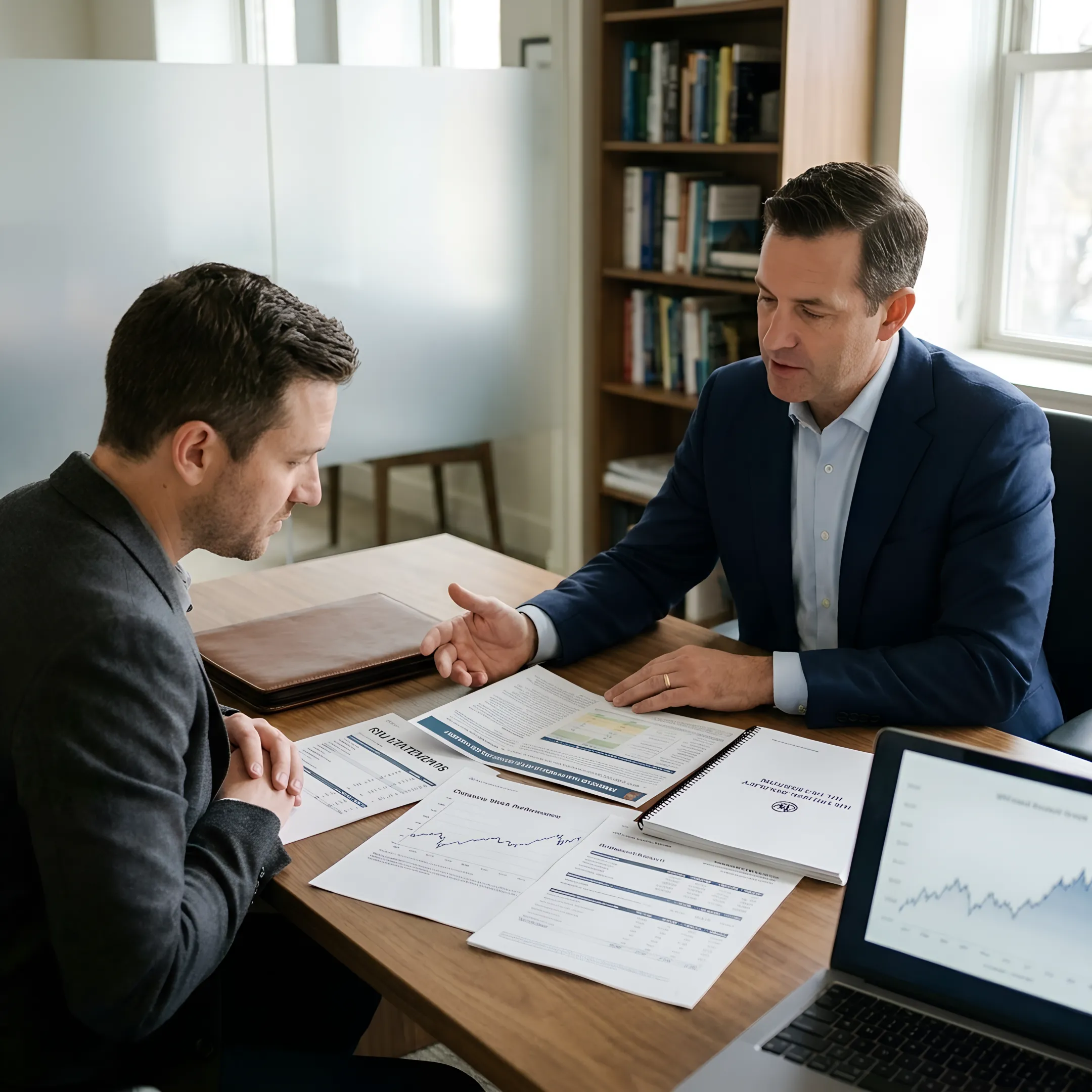Advisor explaining IUL diversification beside RSU and company stock documents