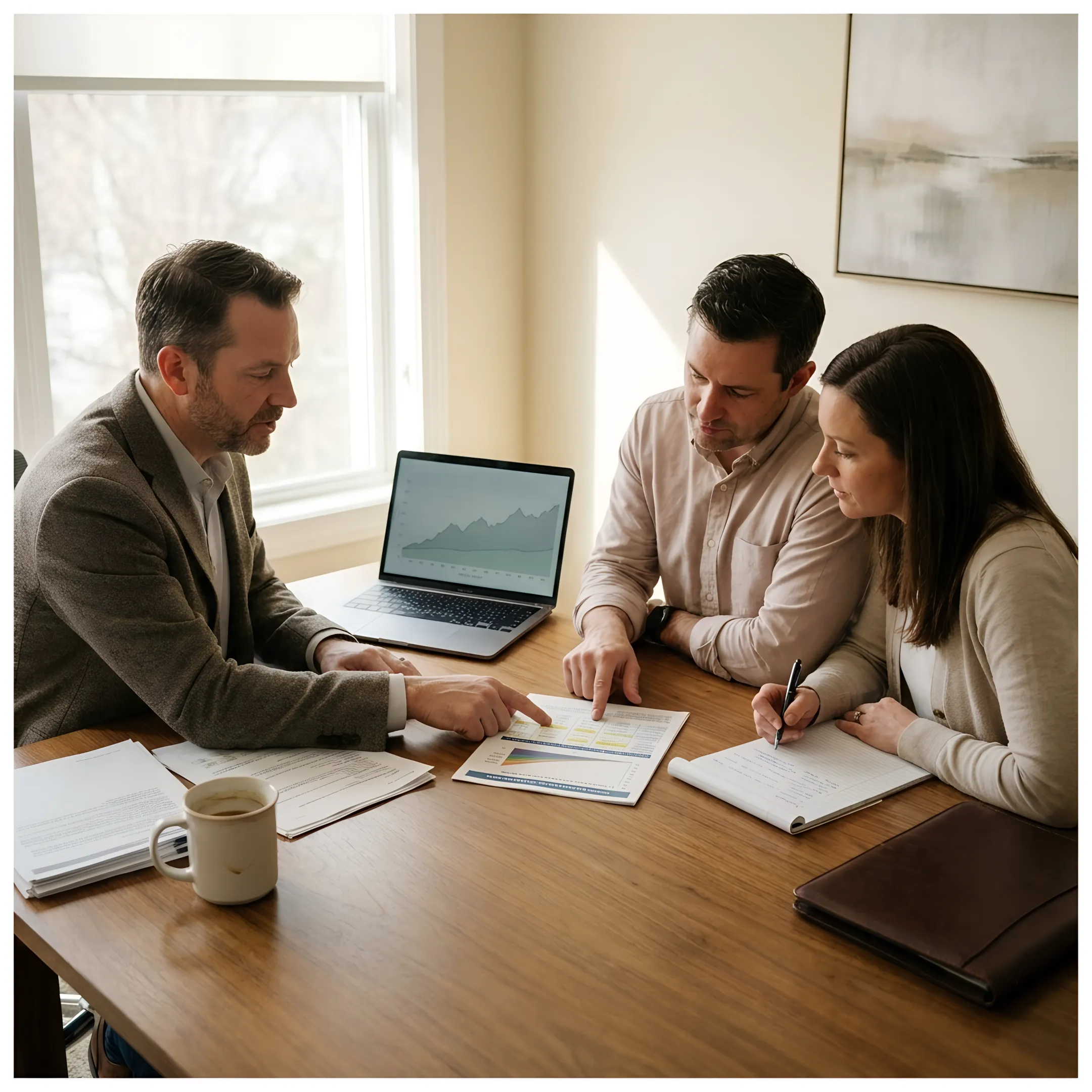 Advisor comparing IUL policy options and financial goals with a family