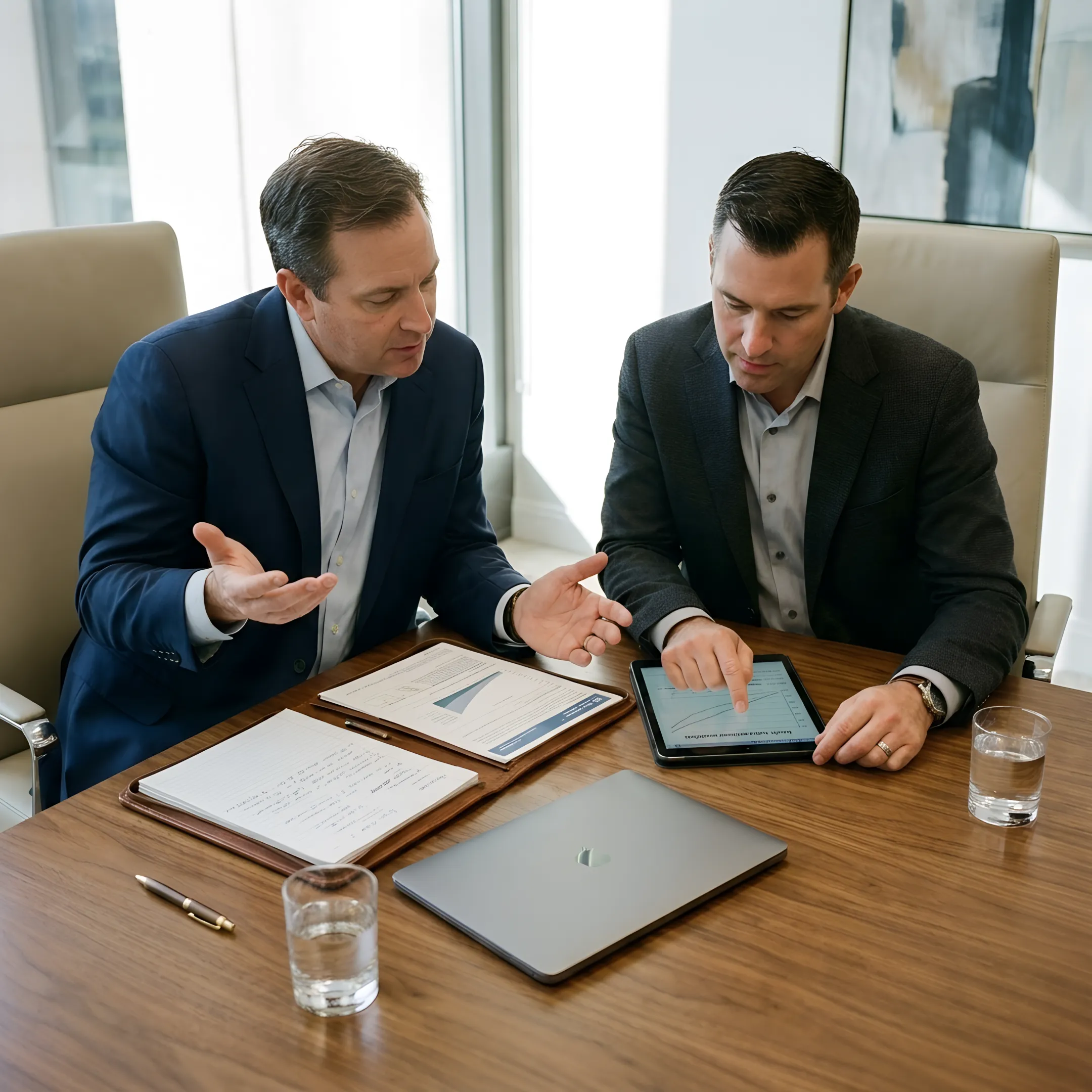 Law-firm partner discussing IUL strategy and retirement goals with an advisor