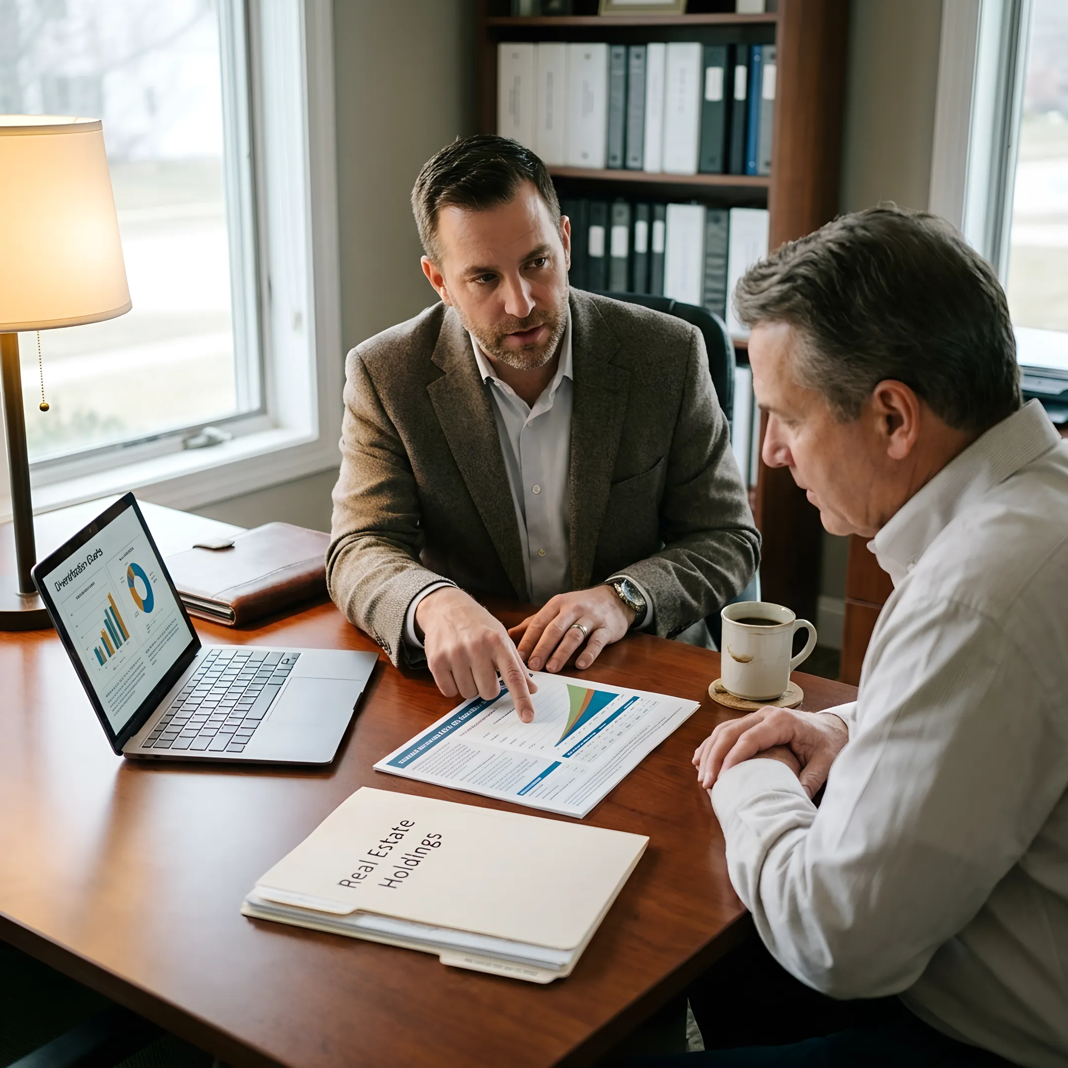 Advisor explaining IUL liquidity and diversification options to a real estate investor