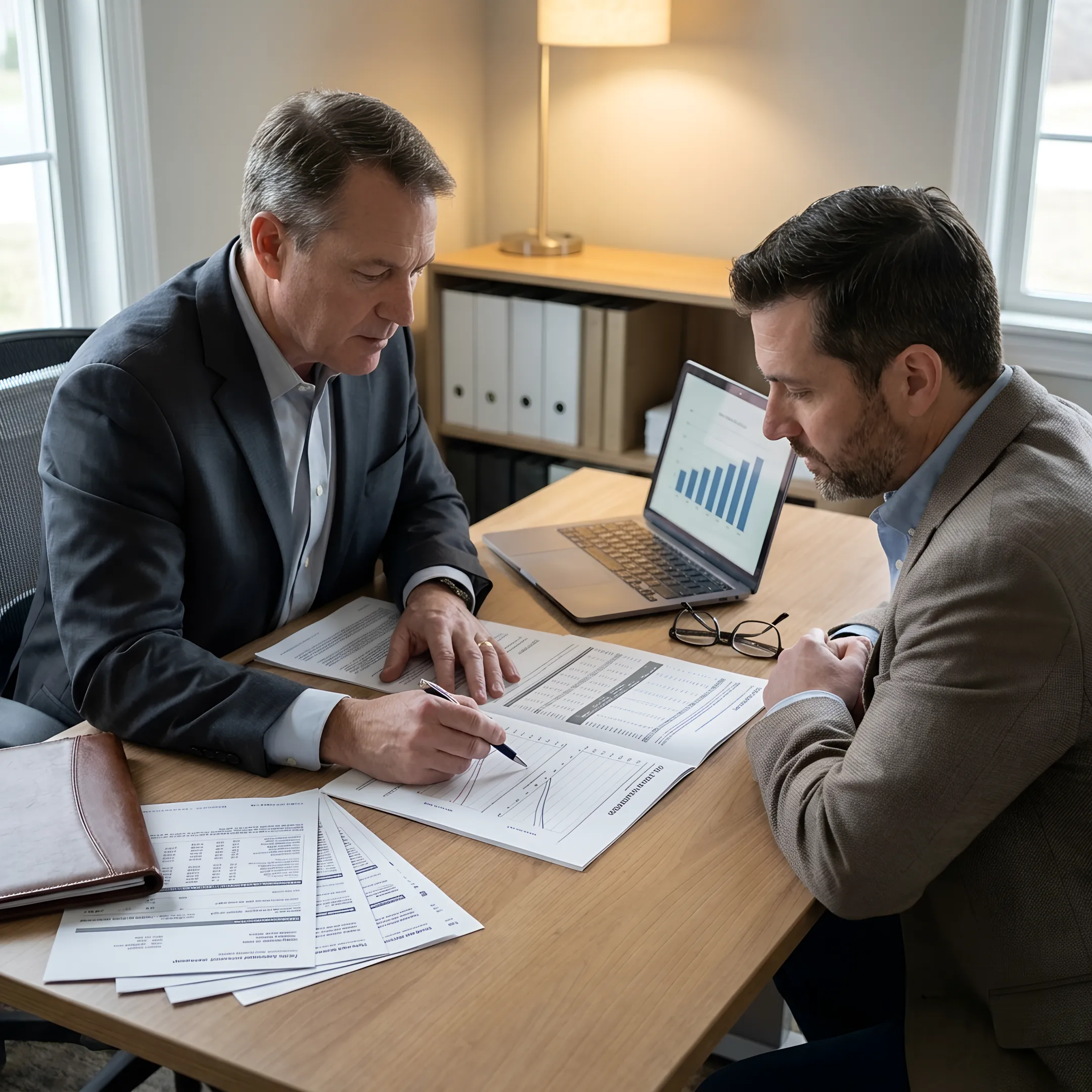 Practice owner discussing an IUL policy illustration with an insurance advisor