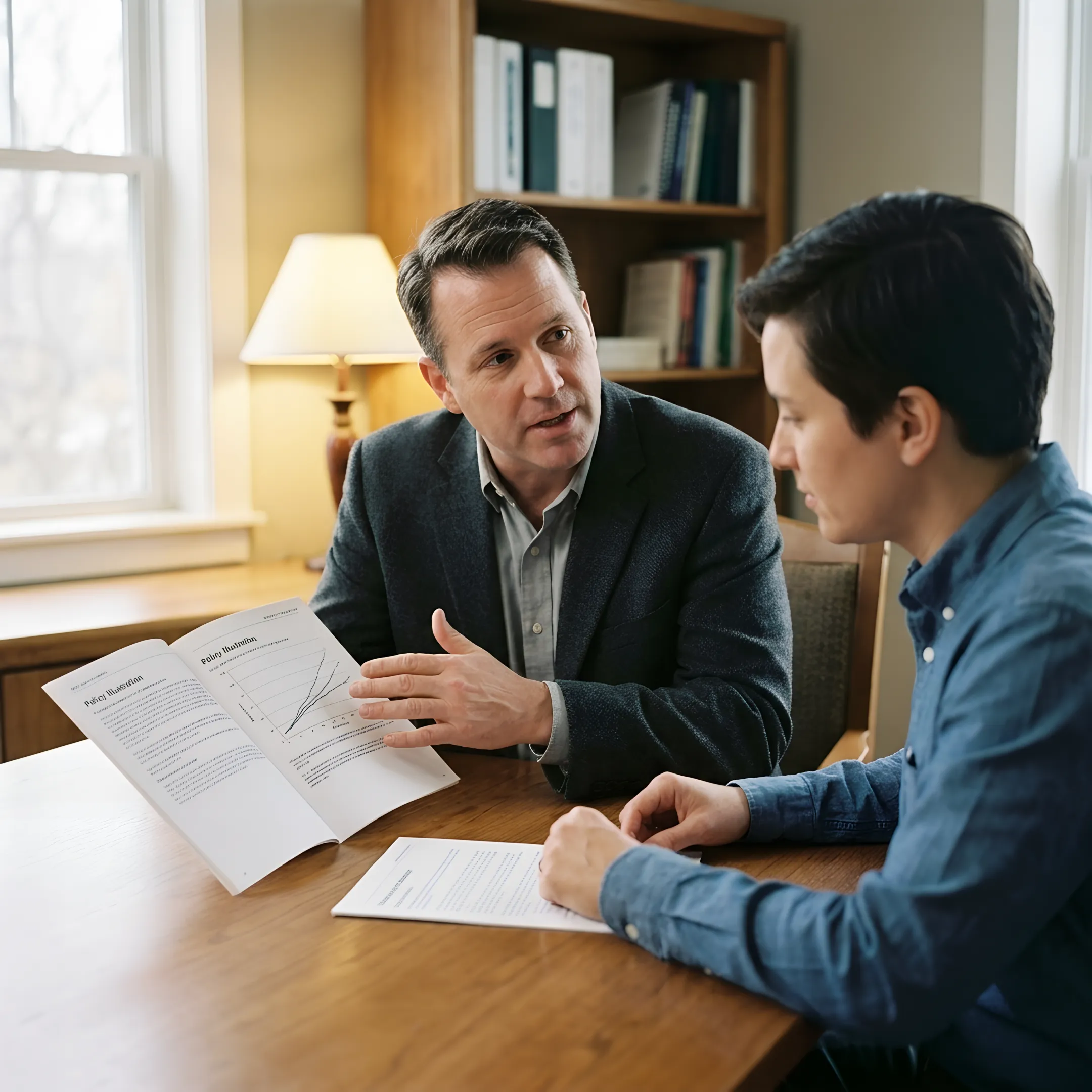 Advisor explaining no-lapse guarantee rider terms on an IUL policy