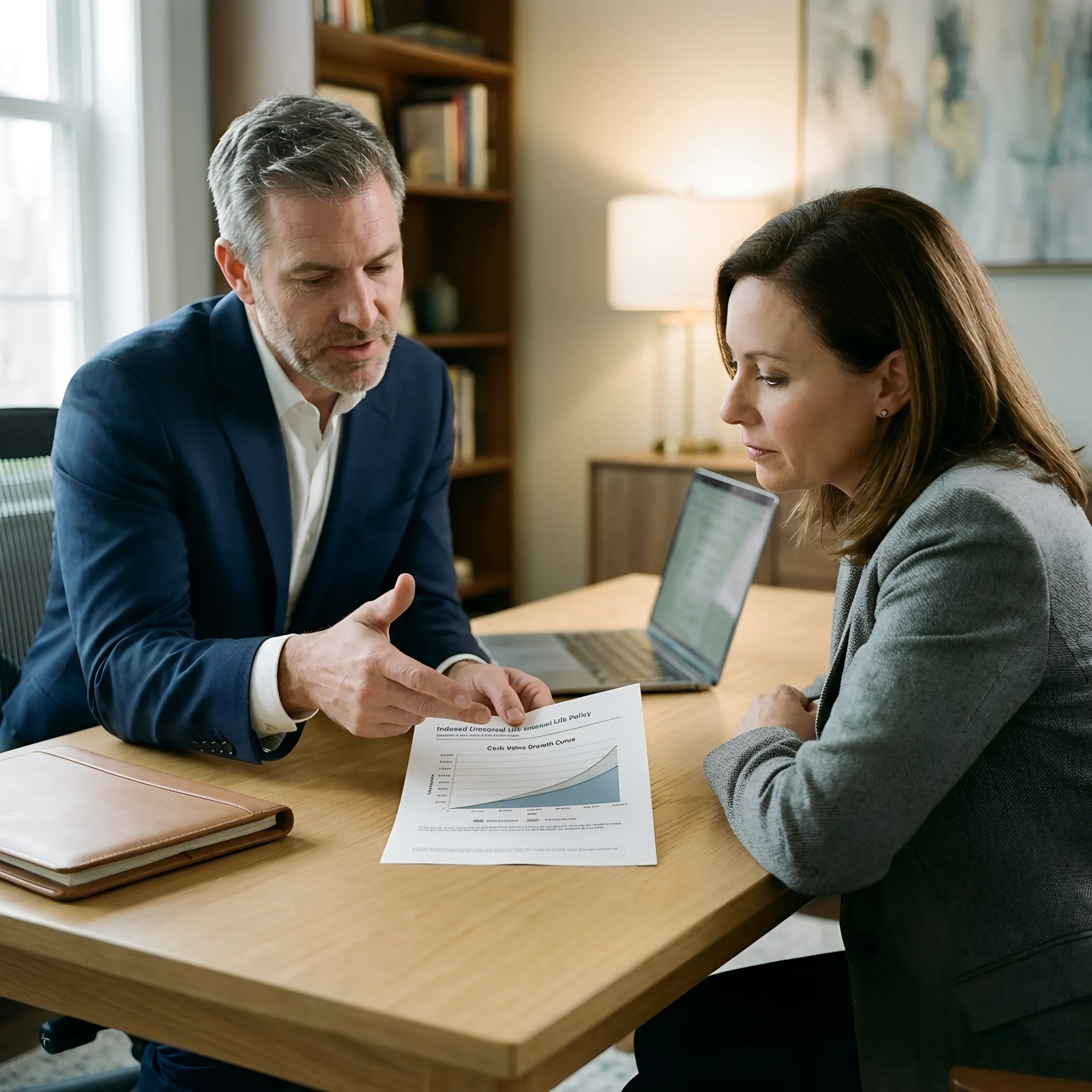 Advisor explaining IUL policy design and executive retirement planning options