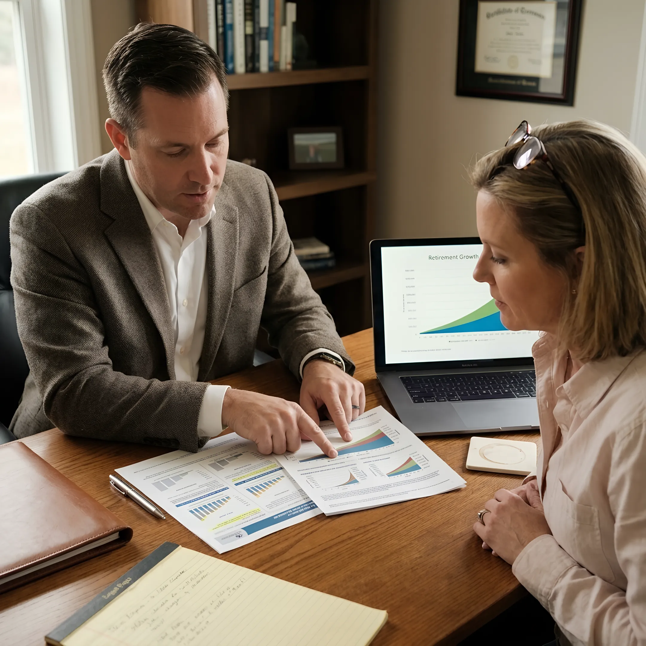 Financial advisor reviewing an IUL illustration and policy design with a client
