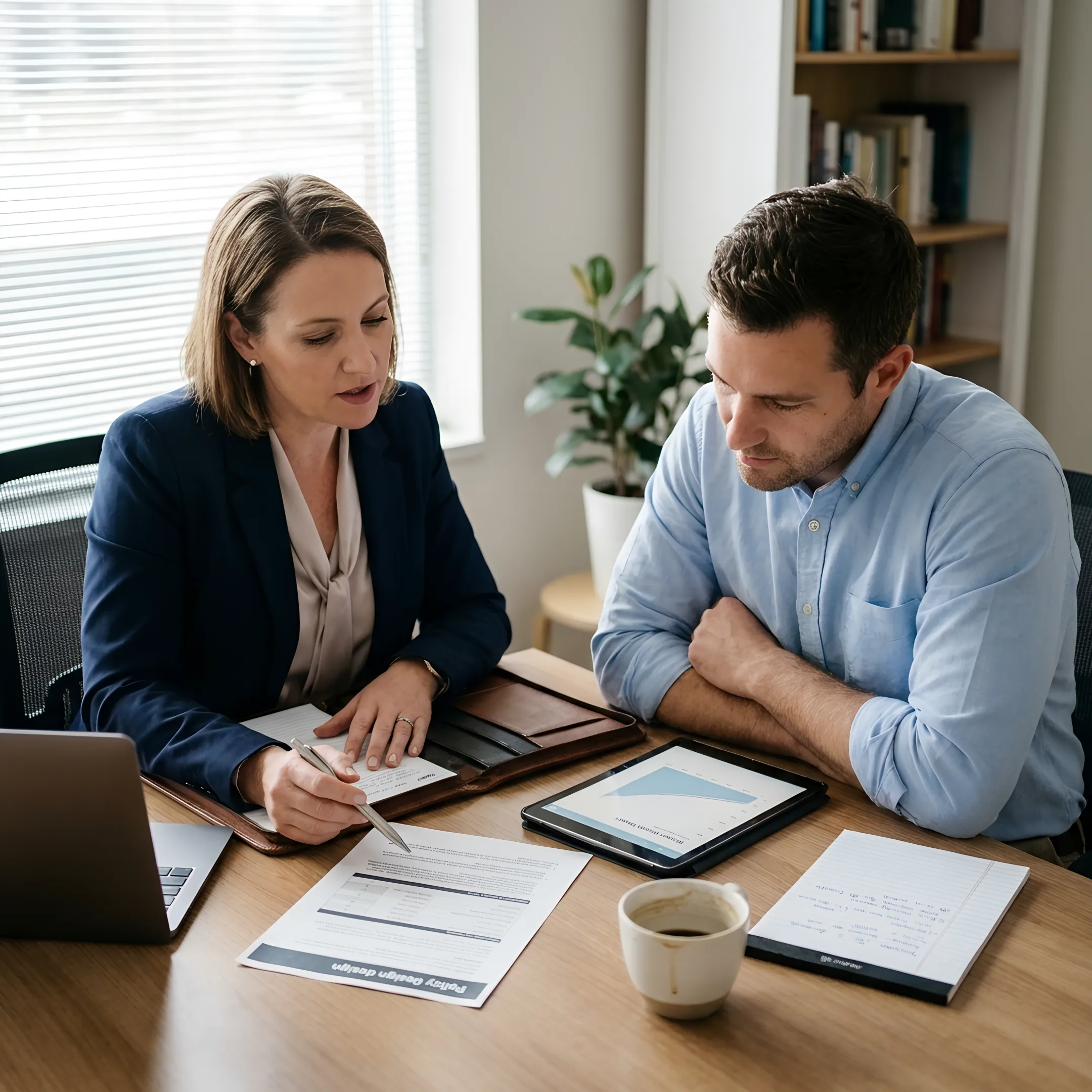 Pharmacist discussing indexed universal life strategy with an insurance advisor