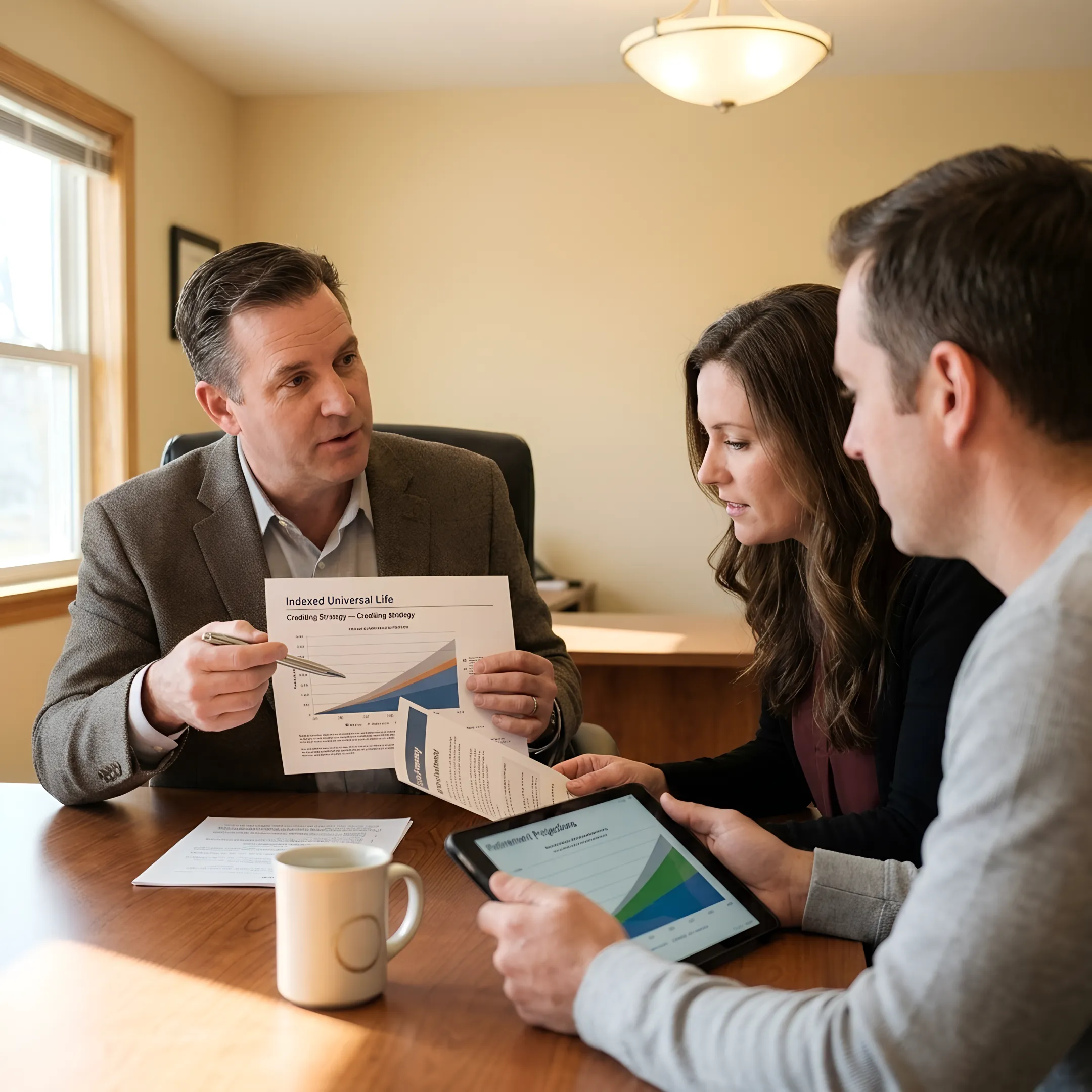 Advisor explaining IUL crediting strategies and policy charges to clients