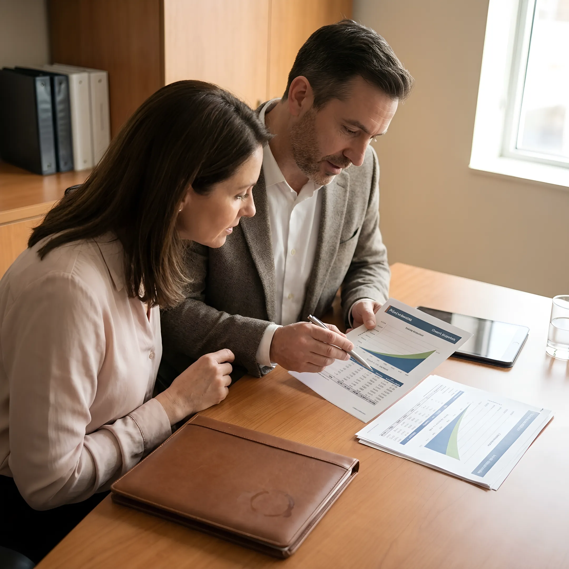 Professional reviewing structured financial projection charts and calculation paperwork