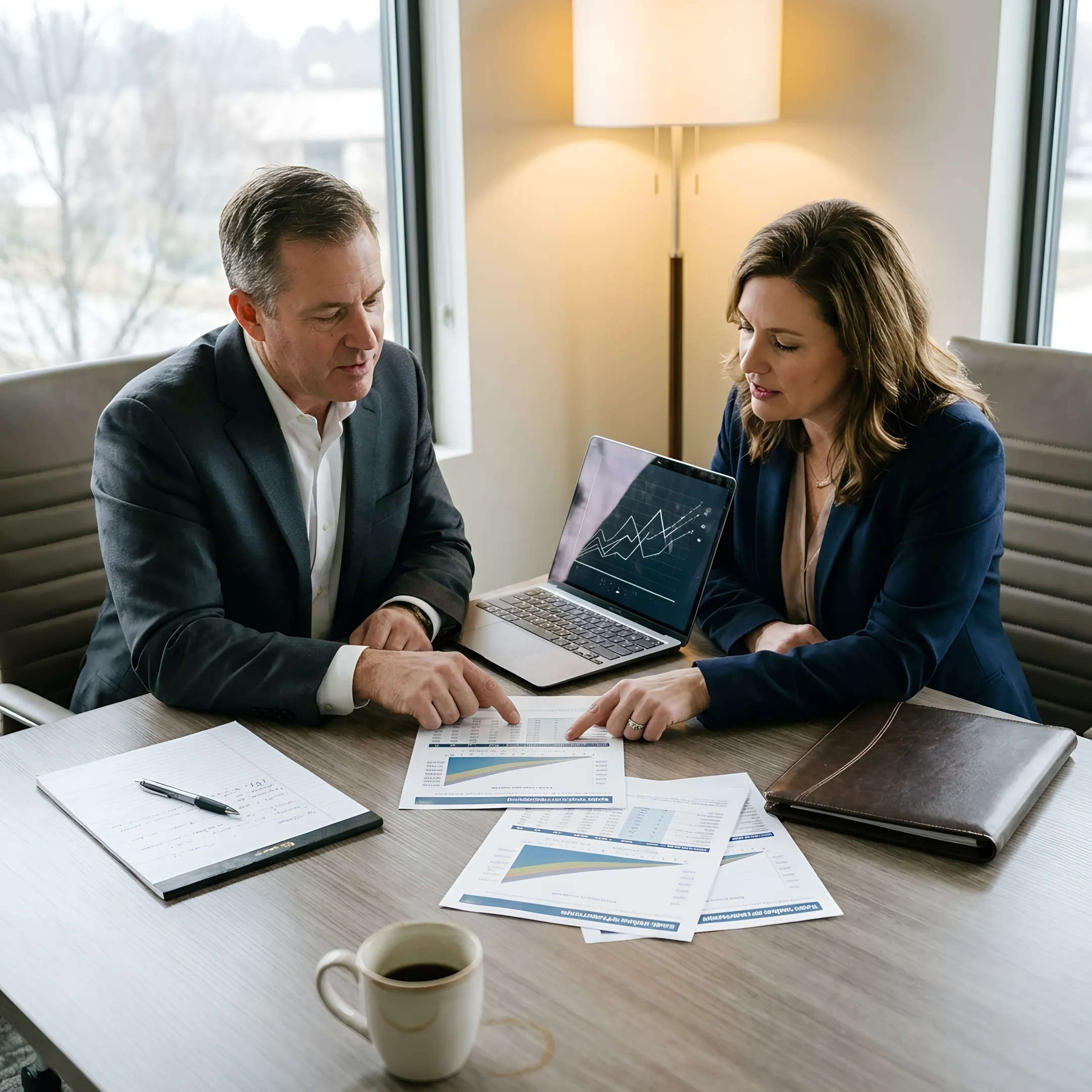 Veterinarian and financial advisor discussing an IUL policy illustration