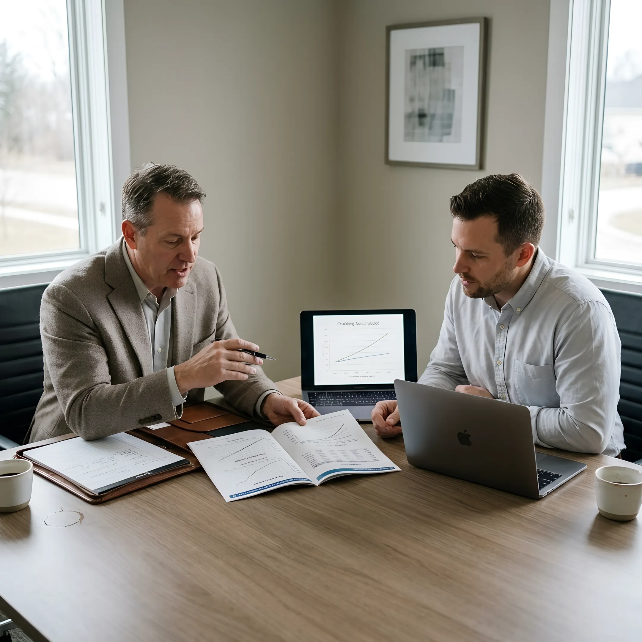 Advisor explaining IUL policy options to an independent professional
