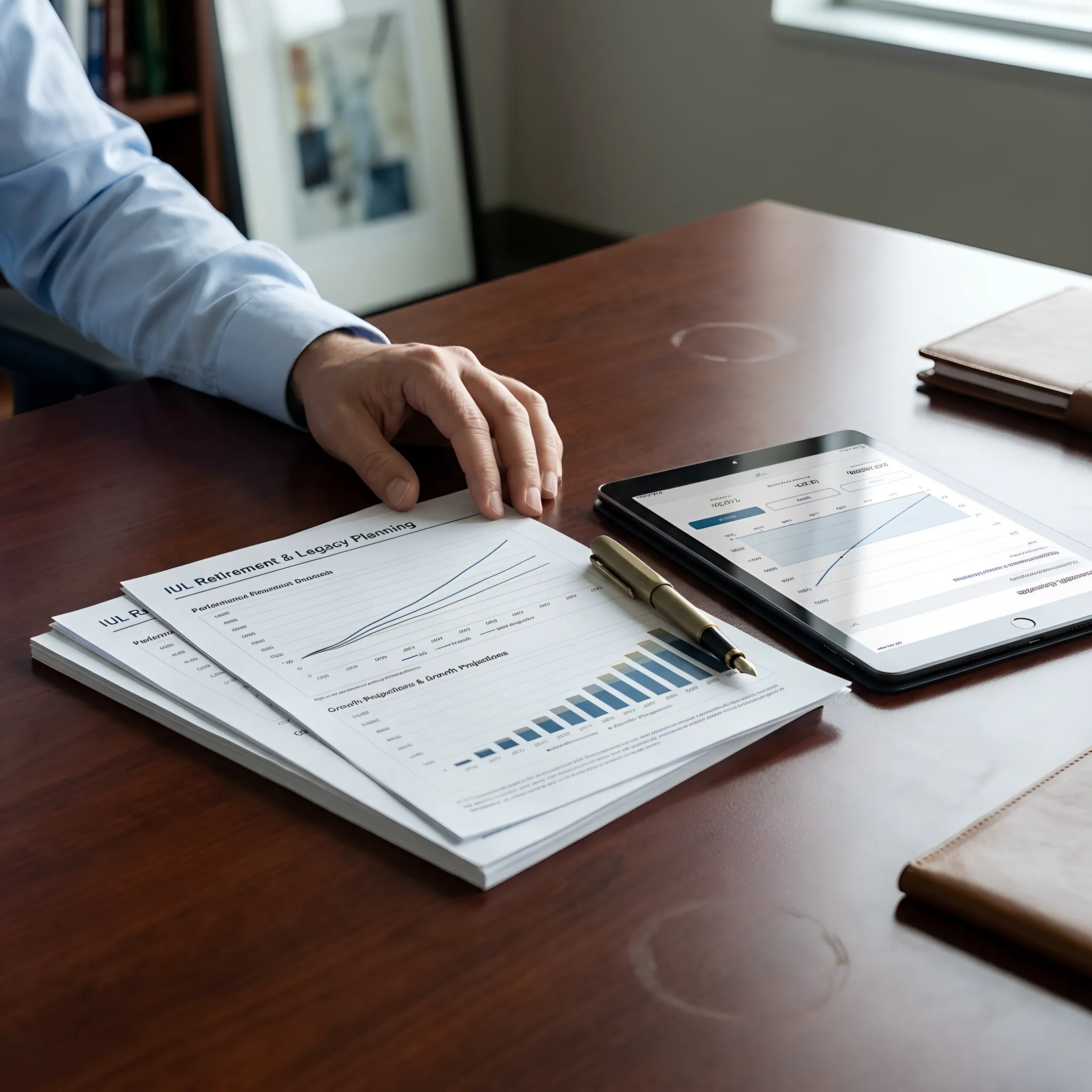 Executive reviewing index universal life policy documents