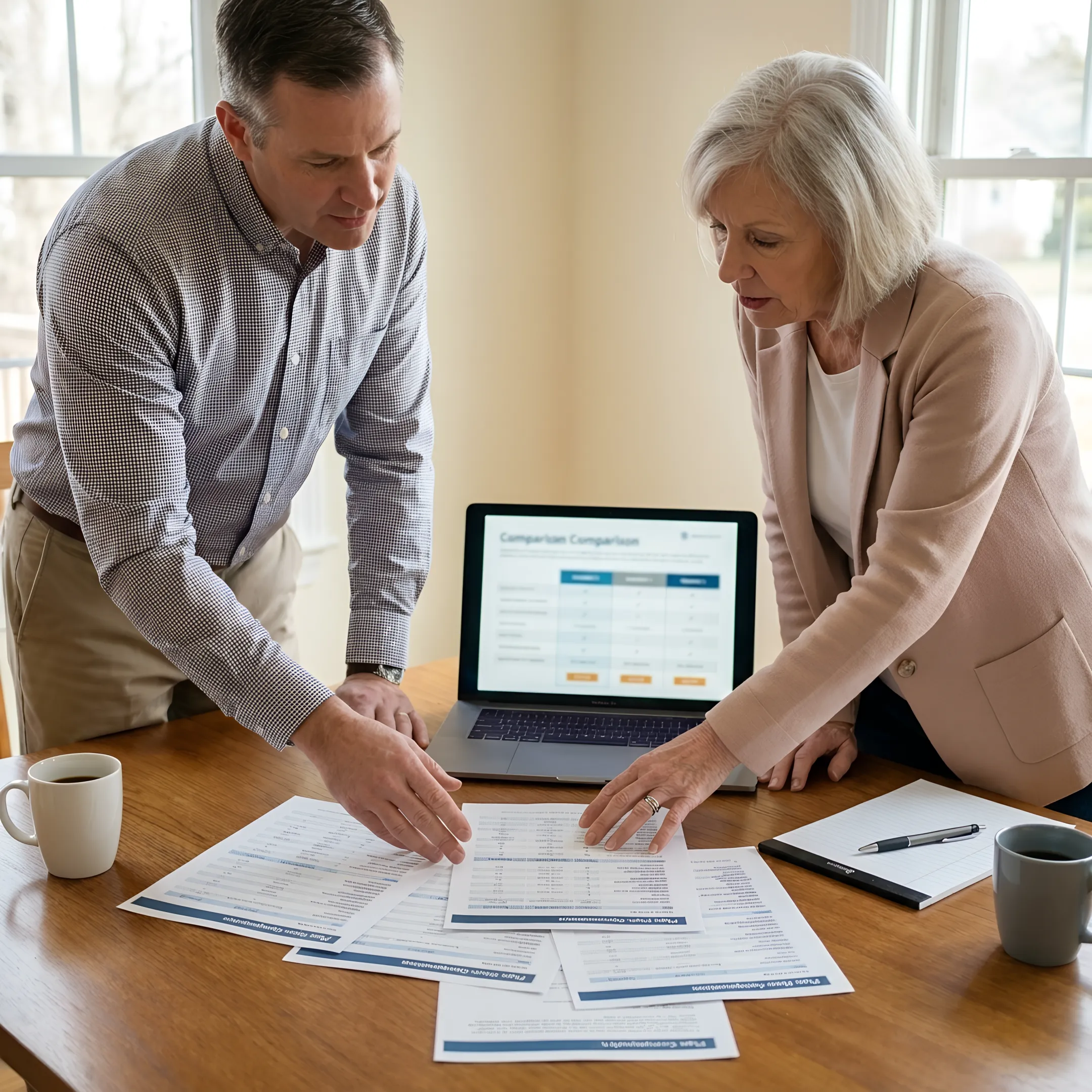 Small business owner comparing health insurance plans with an advisor