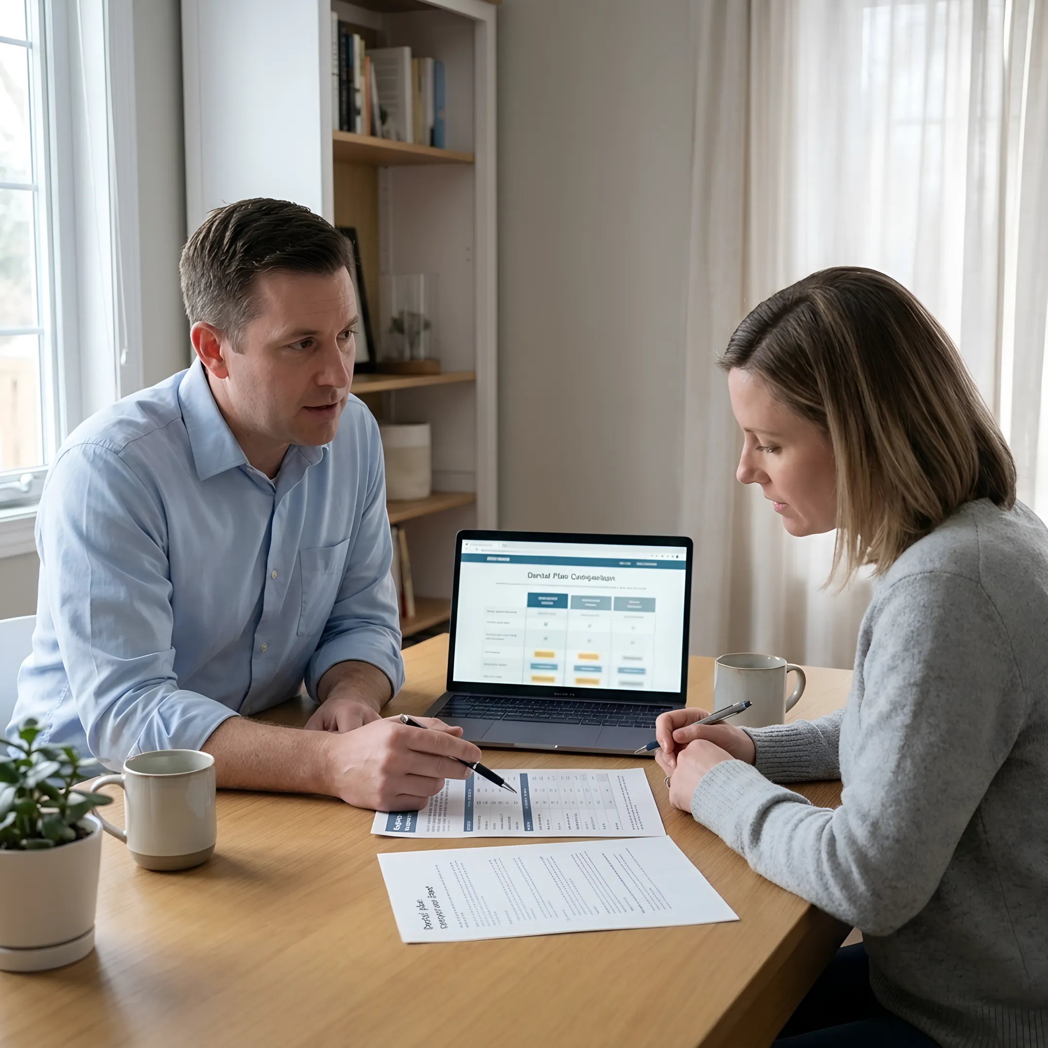 Self-employed client reviewing dental plan choices with an insurance advisor