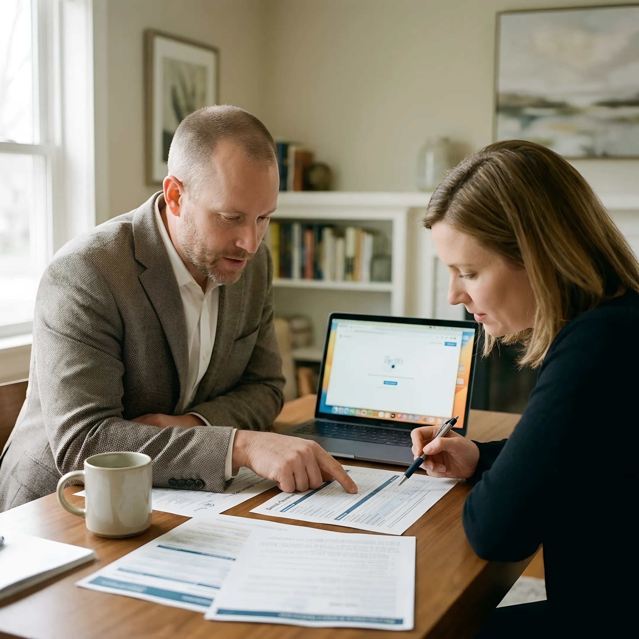 Small business owner reviewing dental plan choices with an insurance advisor
