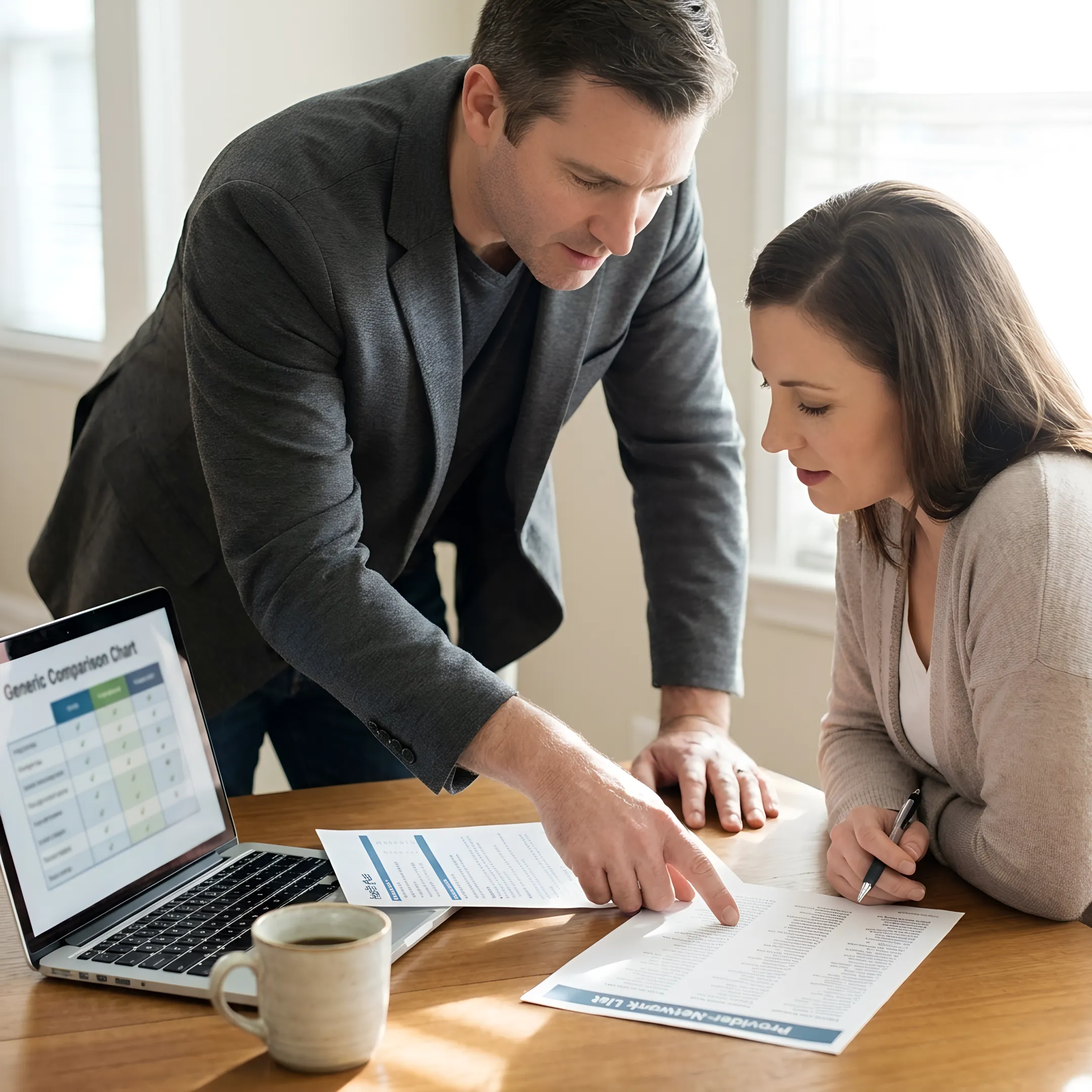 Advisor comparing health insurance plans and network information