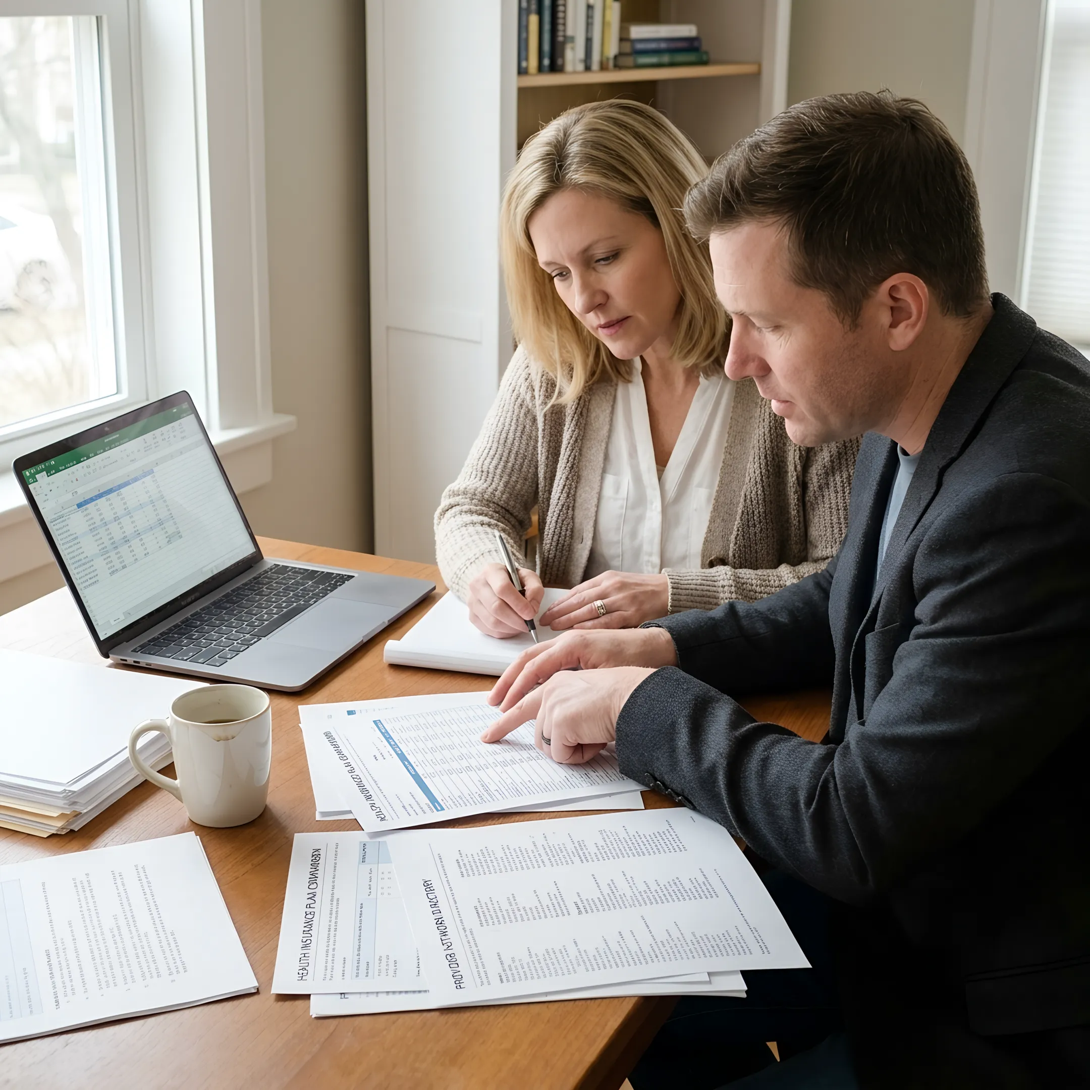 Small business owner reviewing employee health coverage options with an insurance advisor