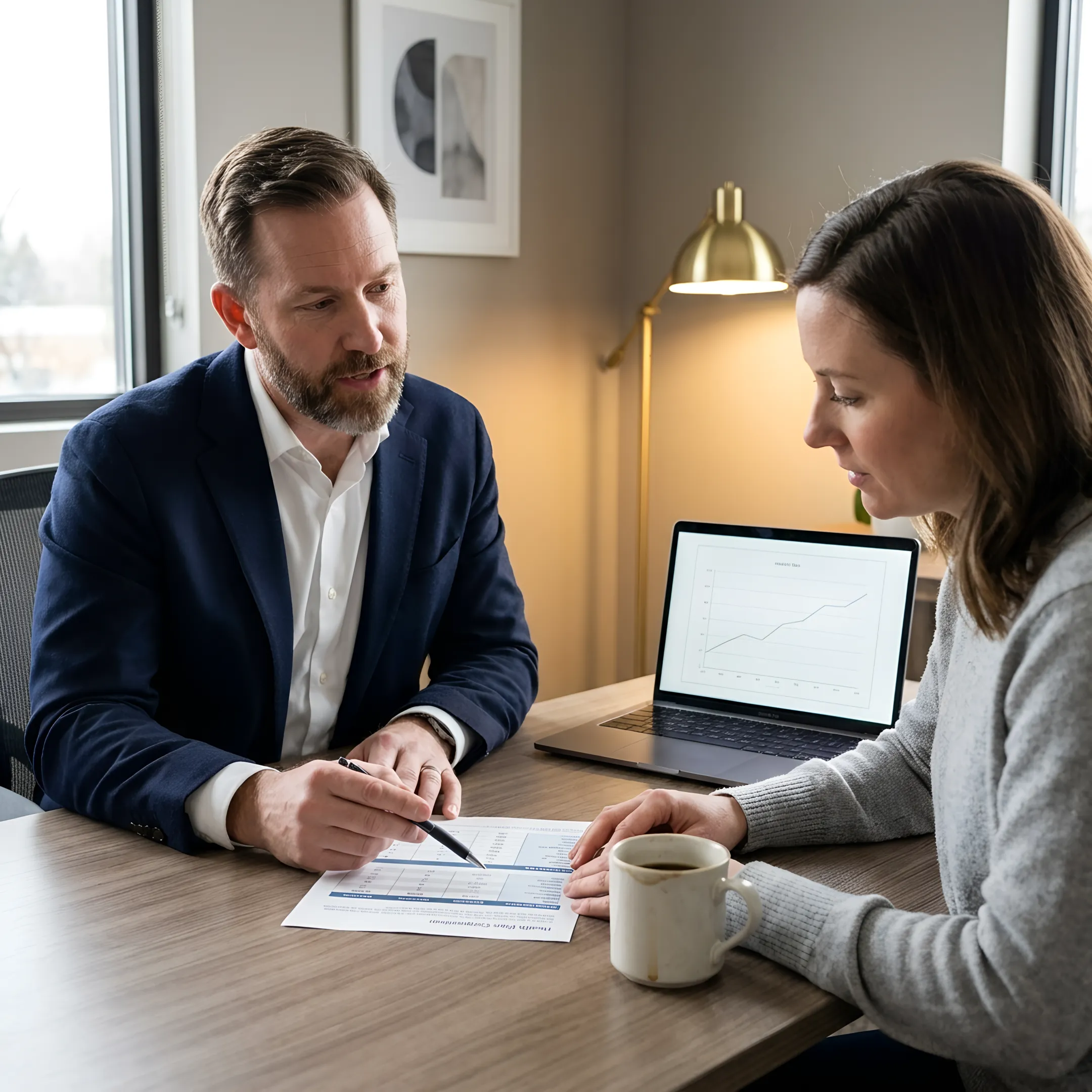 Advisor explaining health insurance plan choices to a client