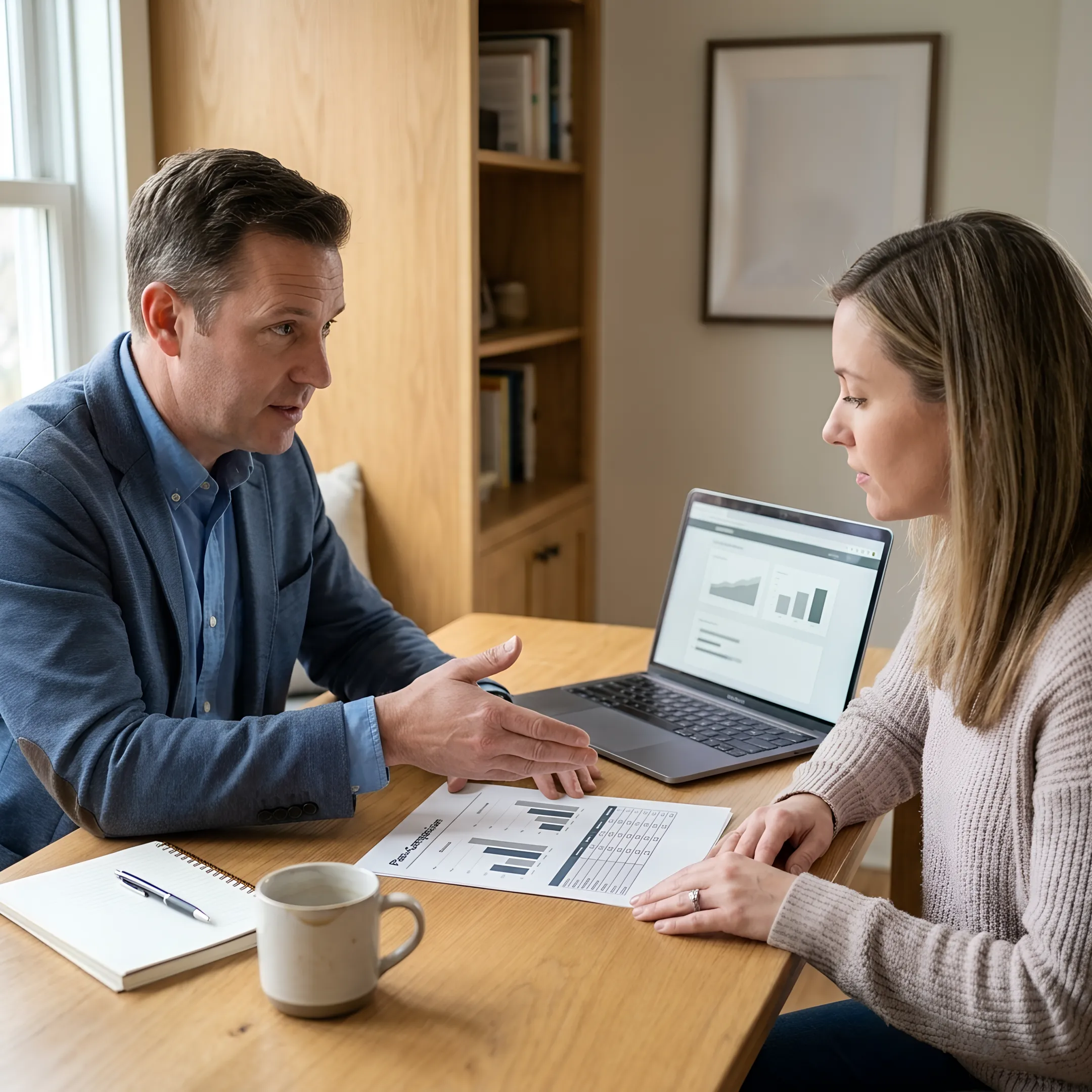 Advisor explaining health insurance plan choices to a customer