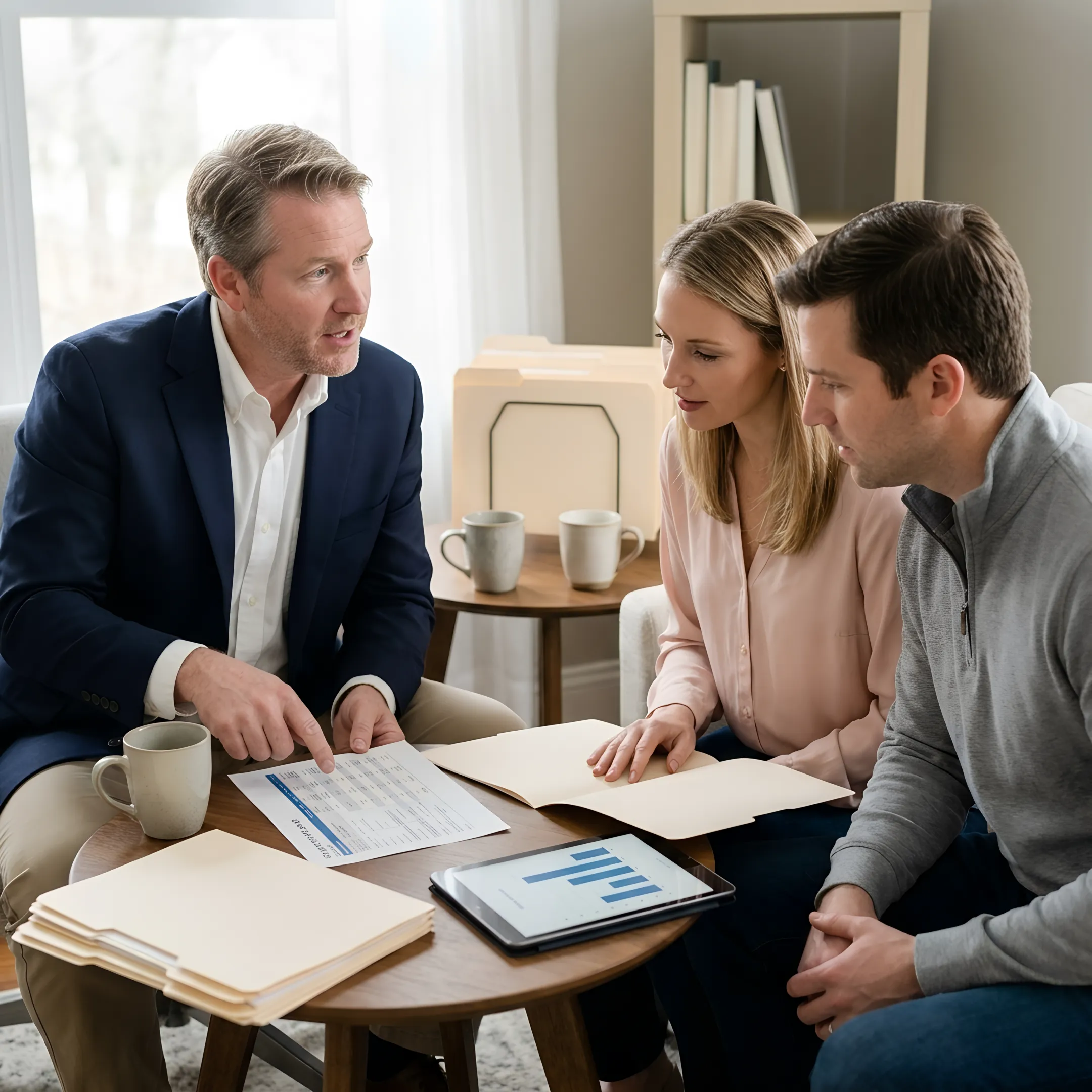 Advisor explaining health insurance plan choices to a couple