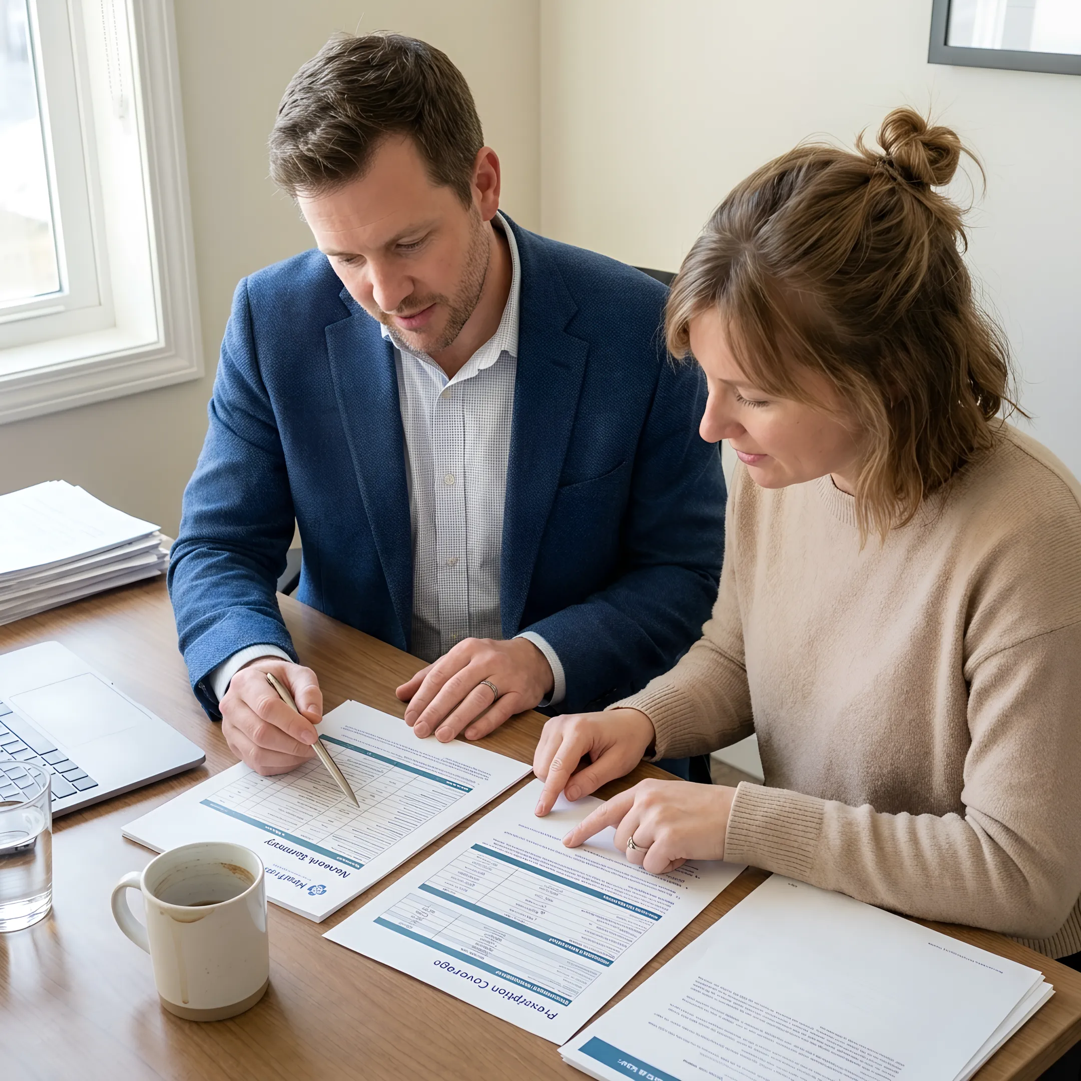 Advisor comparing health insurance plan documents