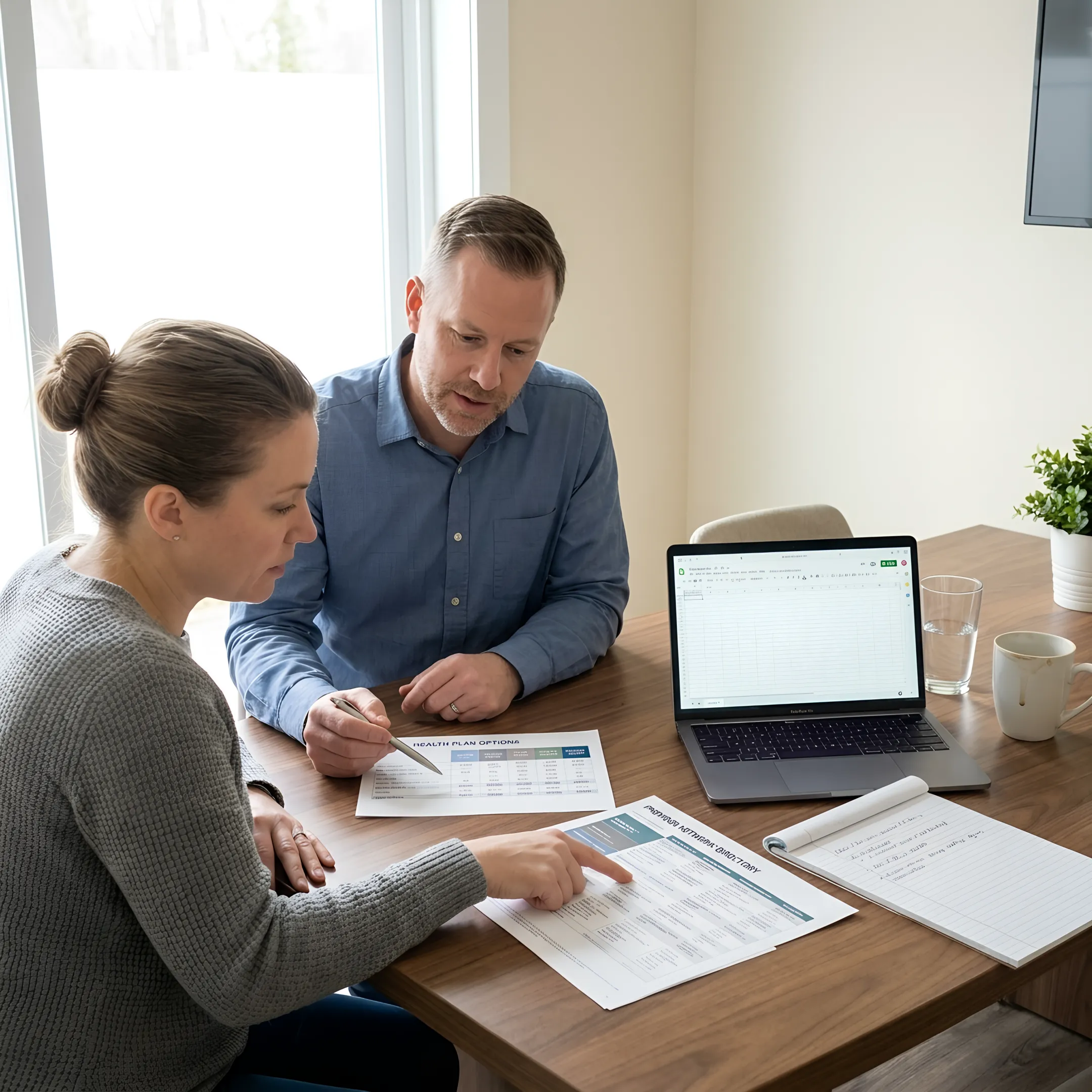 Small business owner reviewing health insurance plan comparisons with an advisor