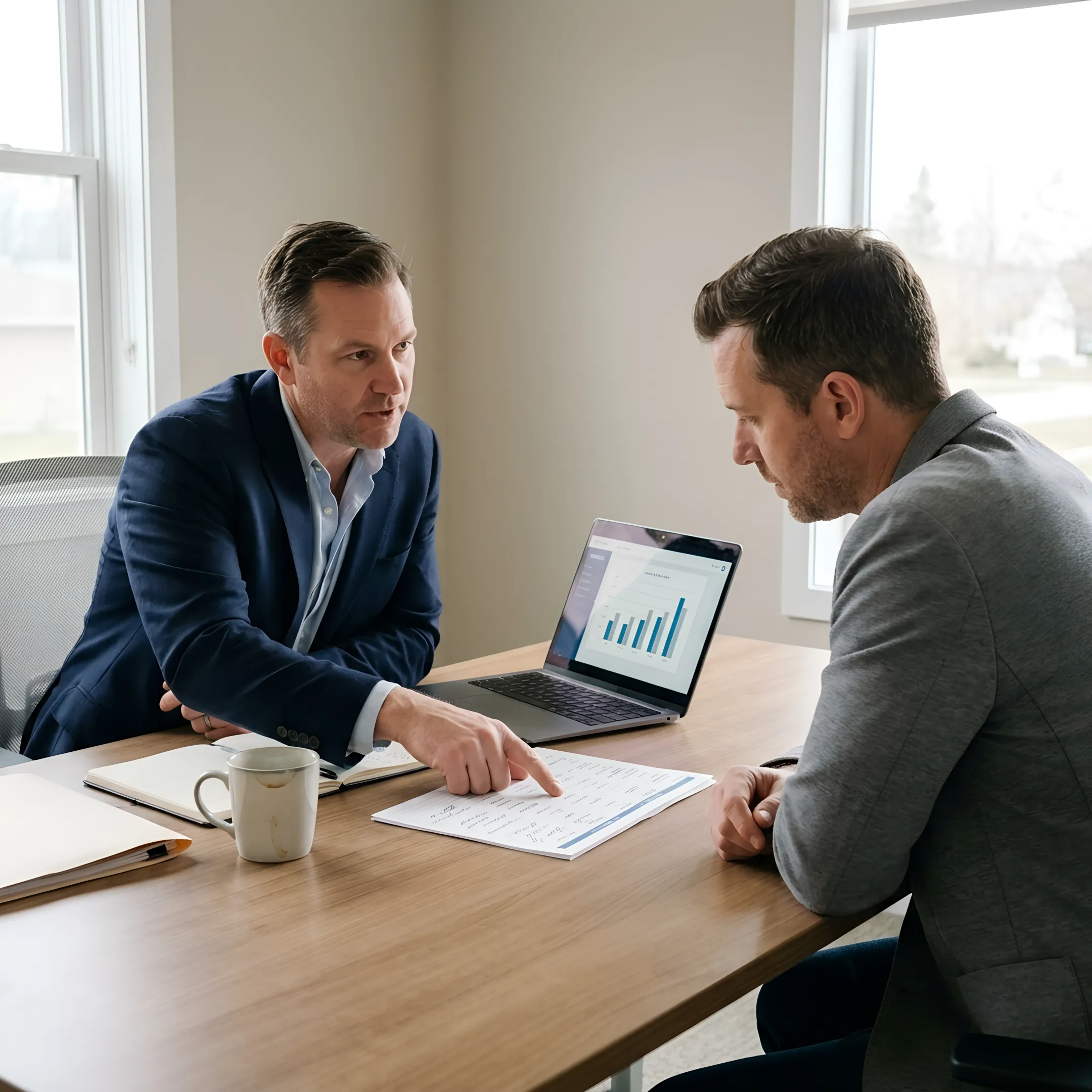 Insurance advisor explaining health plan options to small business owner