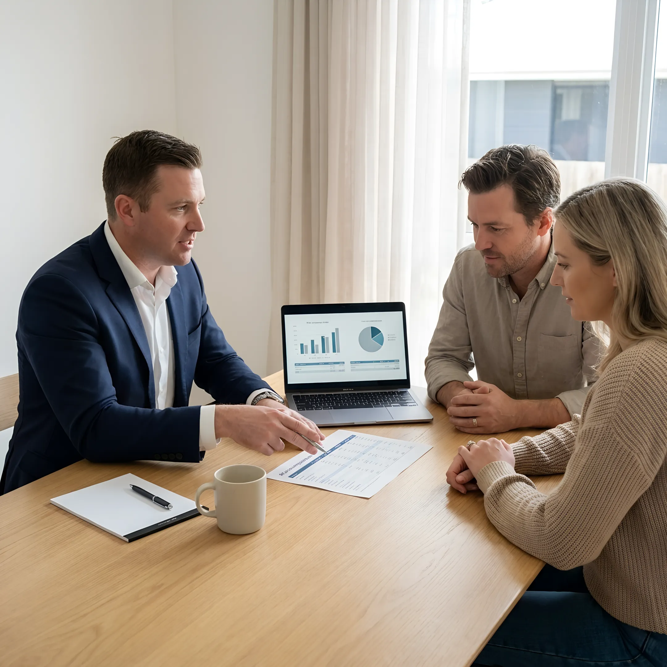 Advisor explaining health insurance choices to a family