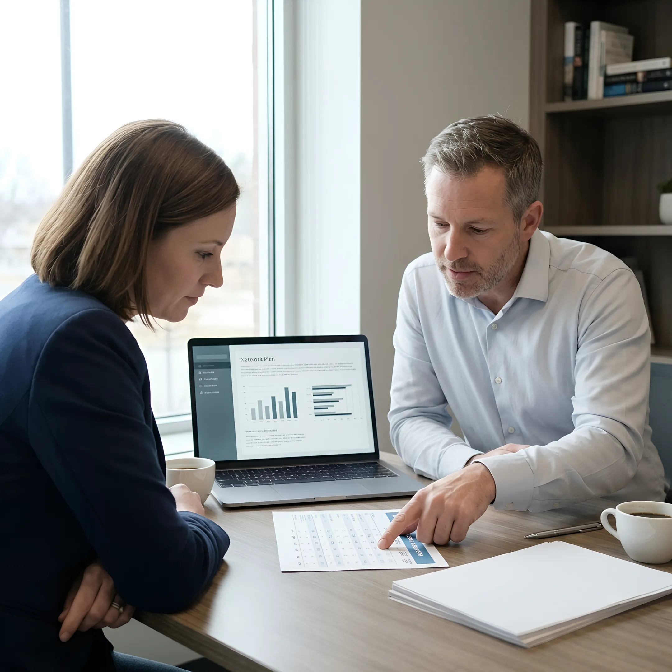Advisor explaining health insurance options to a self-employed client