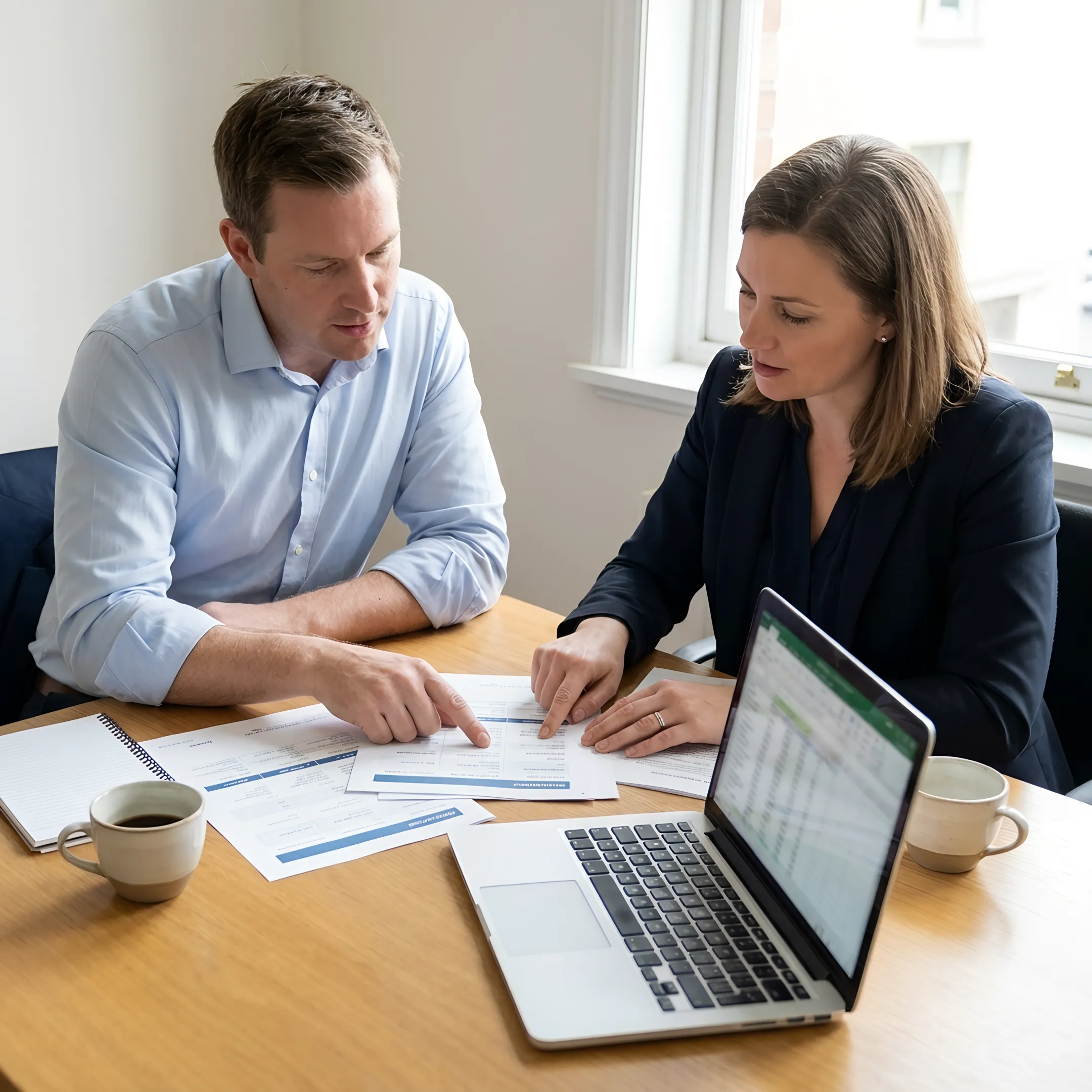 Small business owner reviewing health insurance plan comparisons with an advisor