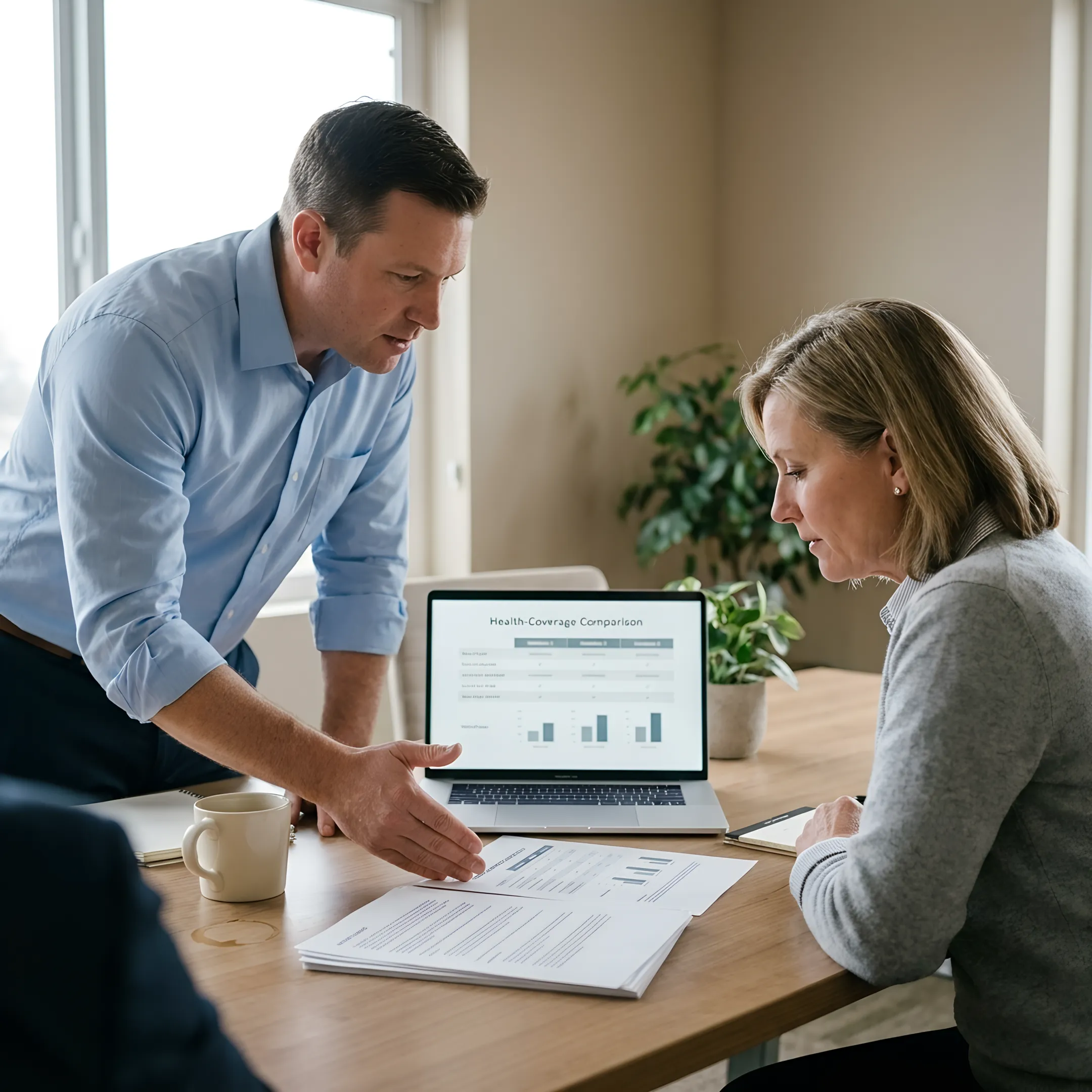 Small business owner reviewing health insurance choices with an advisor