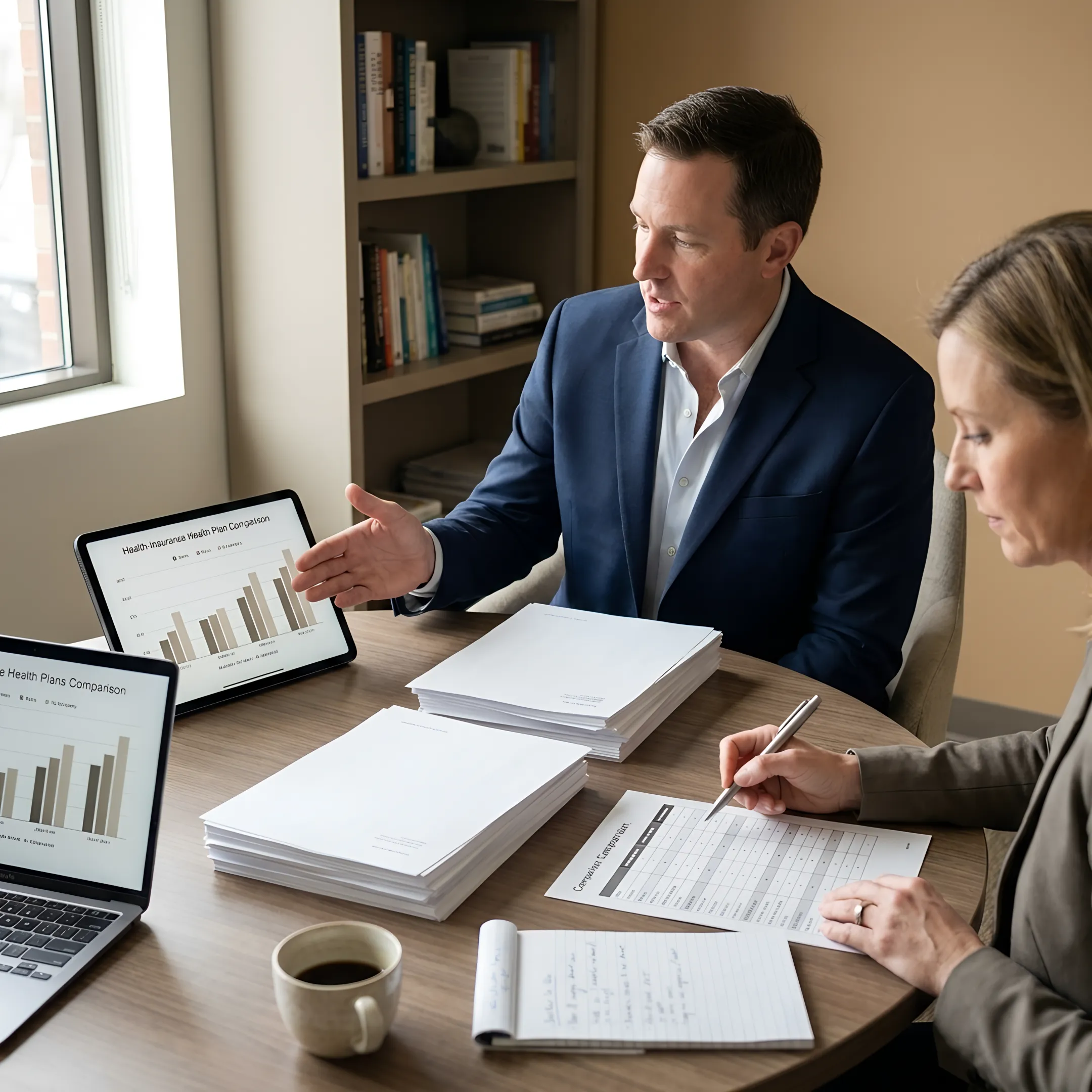 Insurance advisor explaining health plan comparison details
