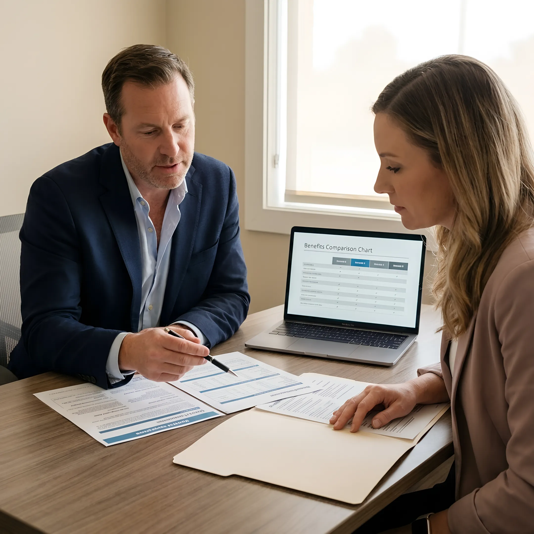 Small business owner comparing dental insurance benefits with an advisor