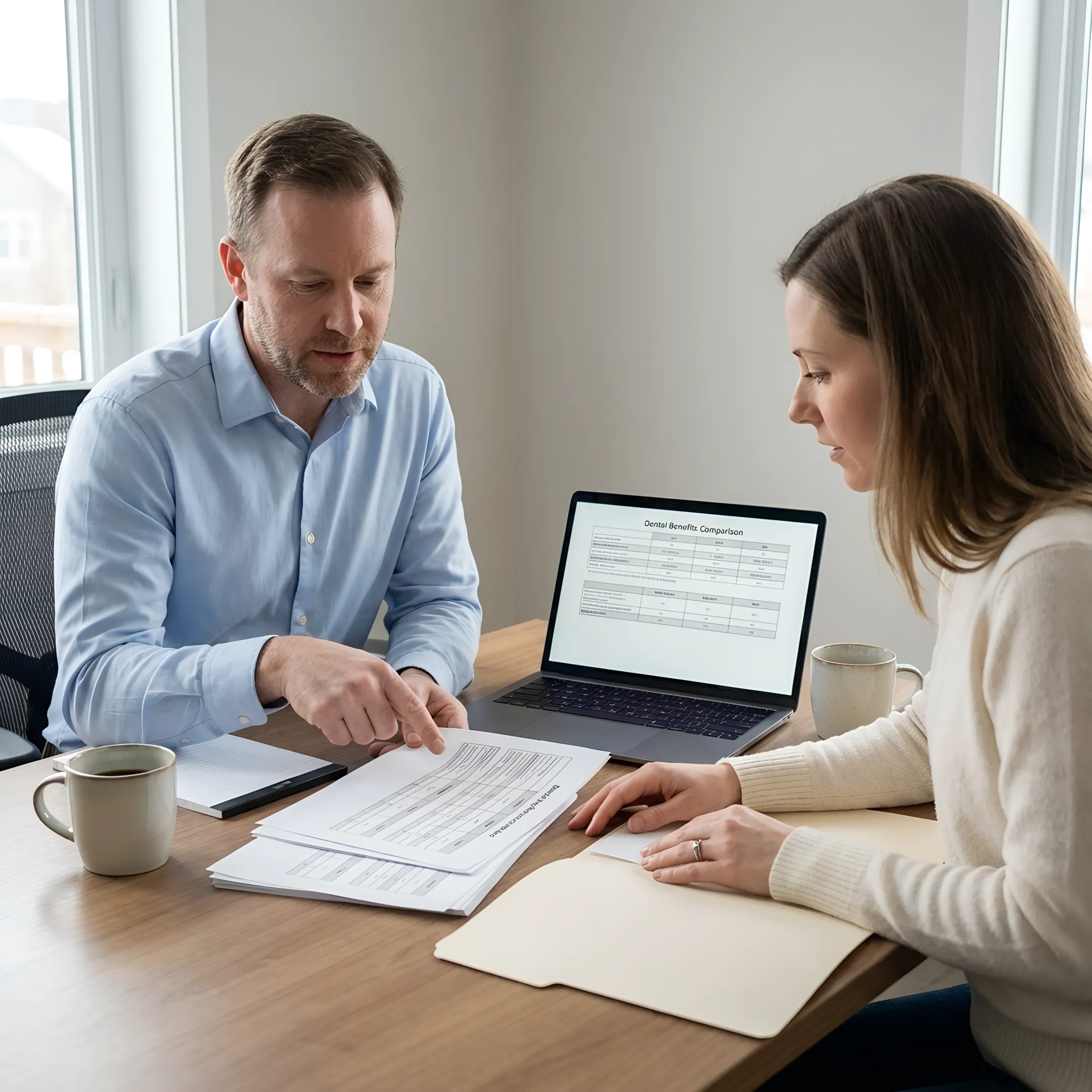 Client reviewing dental insurance comparison with advisor