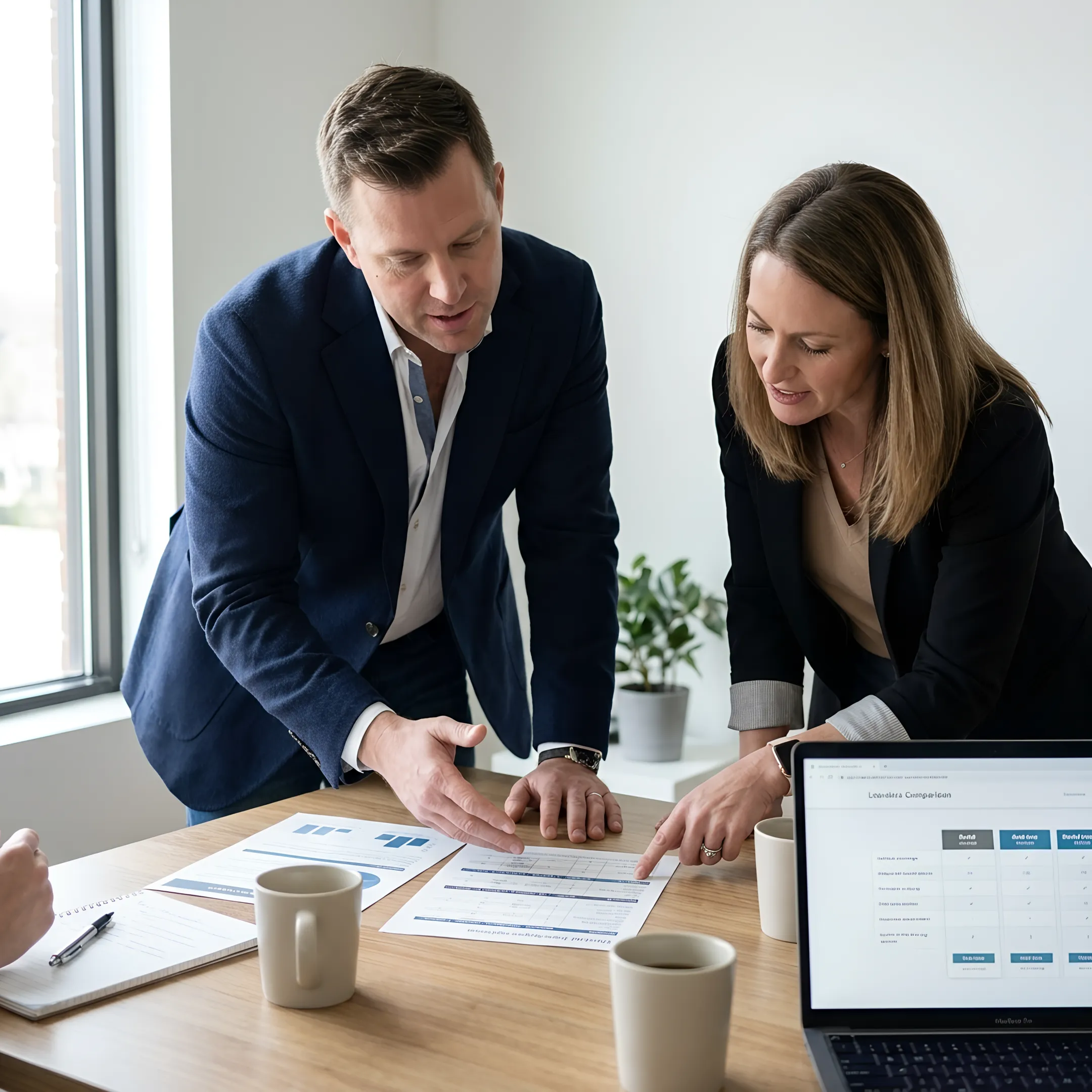 Small business owner reviewing employee dental benefits with an insurance advisor