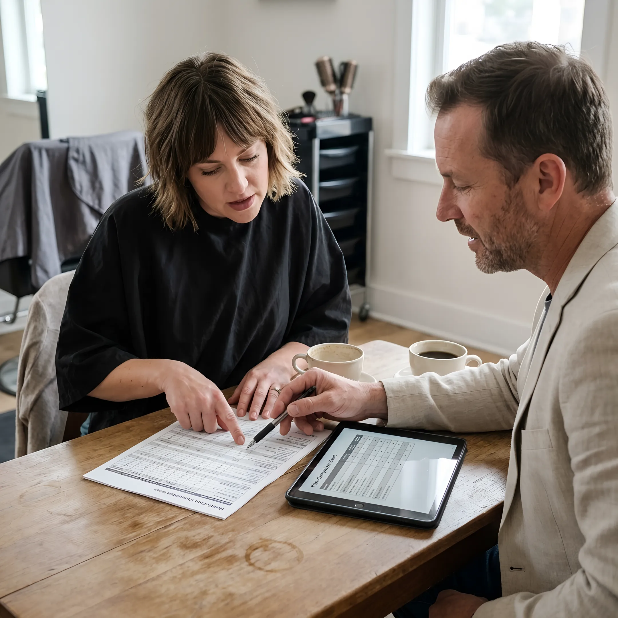 Self-employed hairdresser reviewing insurance choices with an advisor