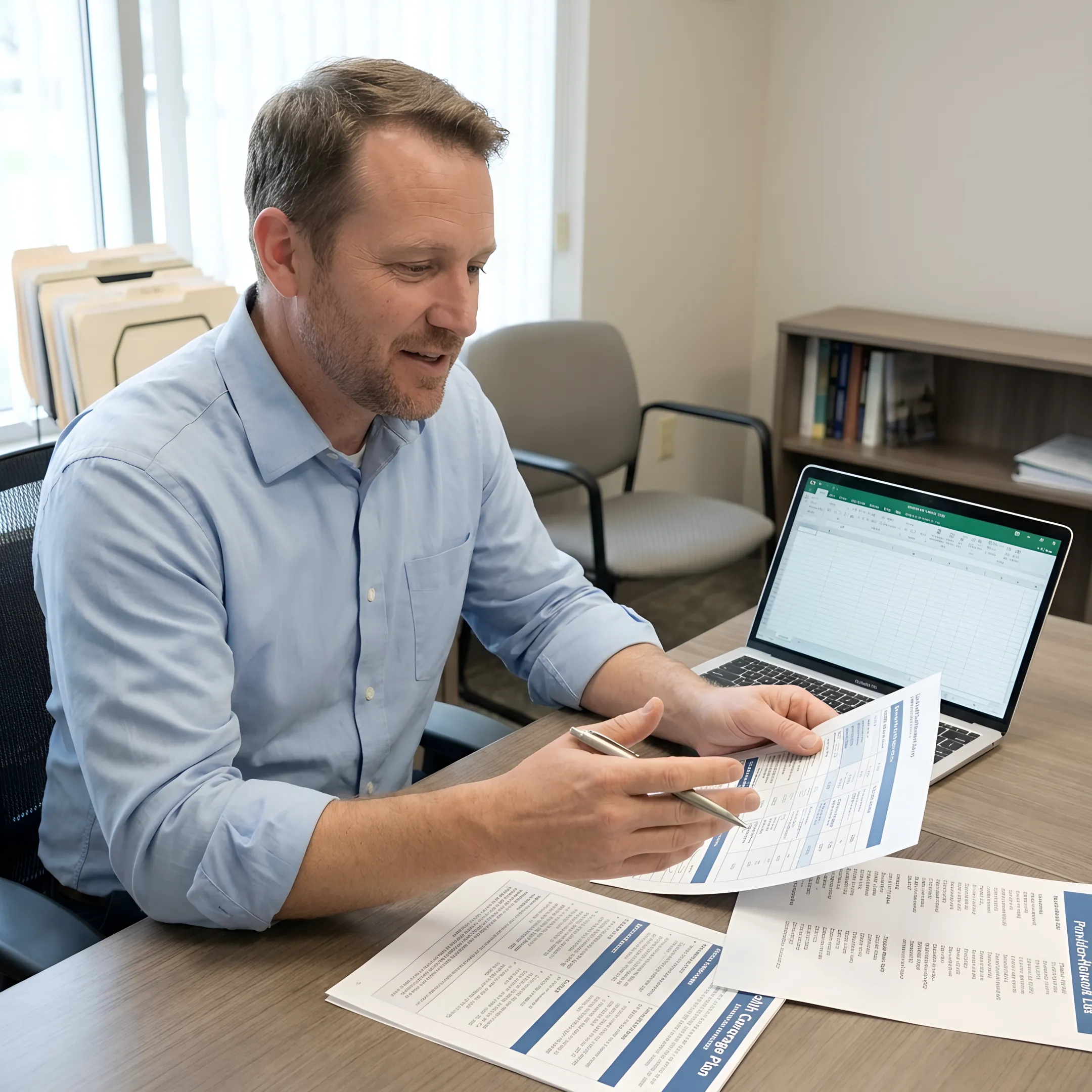 Small business owner reviewing health insurance plan options with an advisor