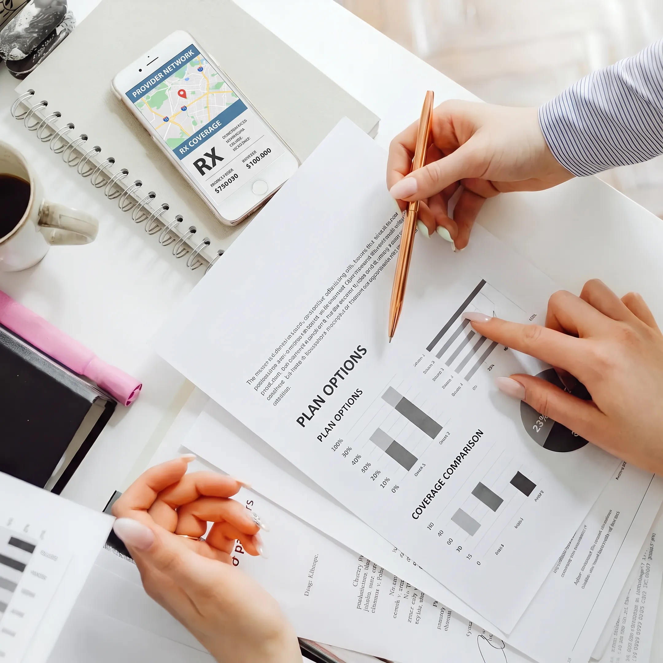 Advisor comparing health insurance plans with coverage documents