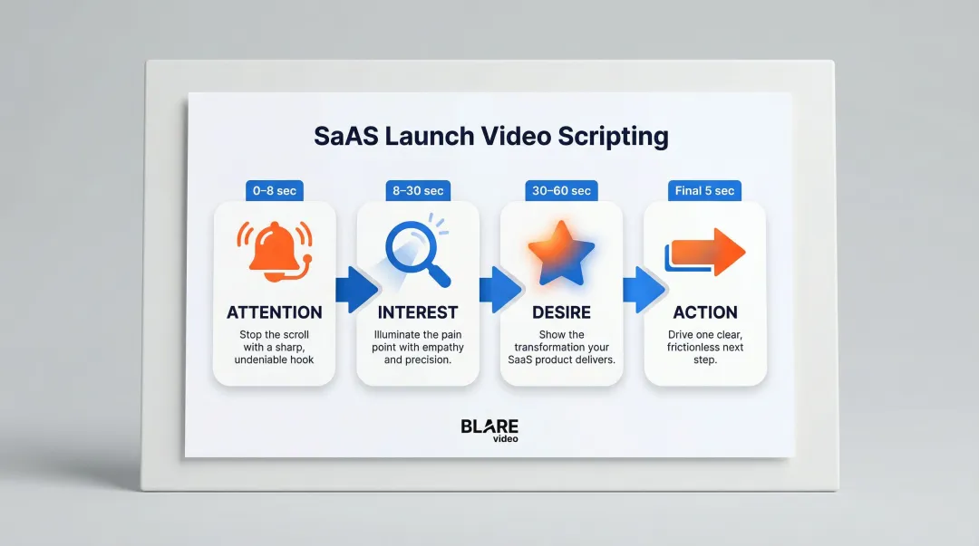 AIDA framework four-stage SaaS launch video script structure infographic