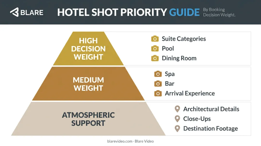Luxury hotel video shot list priority hierarchy from high to low decision weight