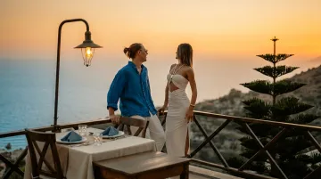 Luxury hotel lifestyle footage showing couple dining on private terrace at golden hour