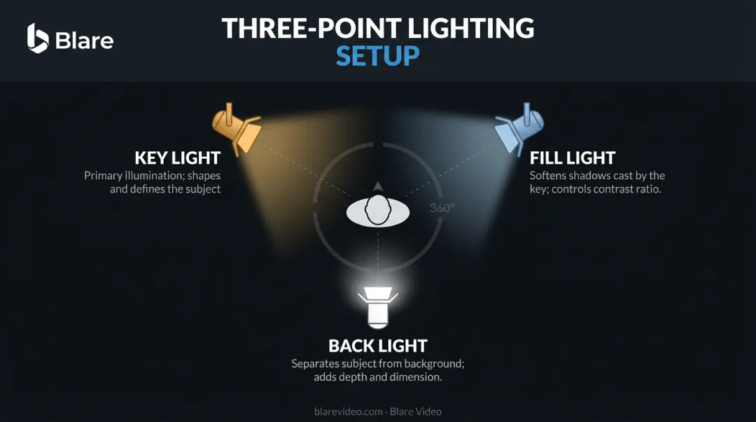 Three-point lighting diagram showing key fill and back light positions