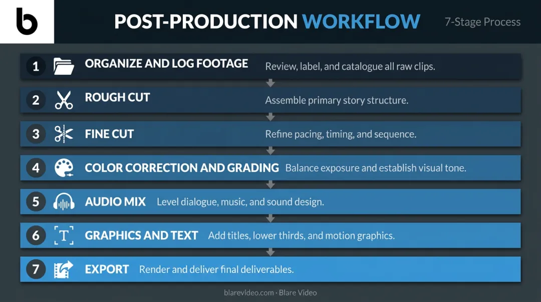 7-step post-production video editing workflow from footage organization to export