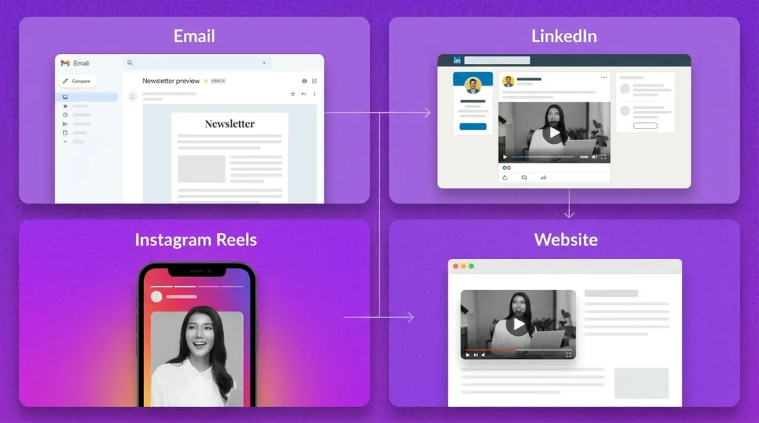 Multi-platform video distribution channels showing LinkedIn email and social media interfaces