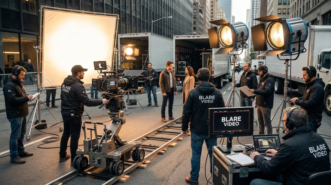 Blare Video production crew filming brand video on location with cinema equipment