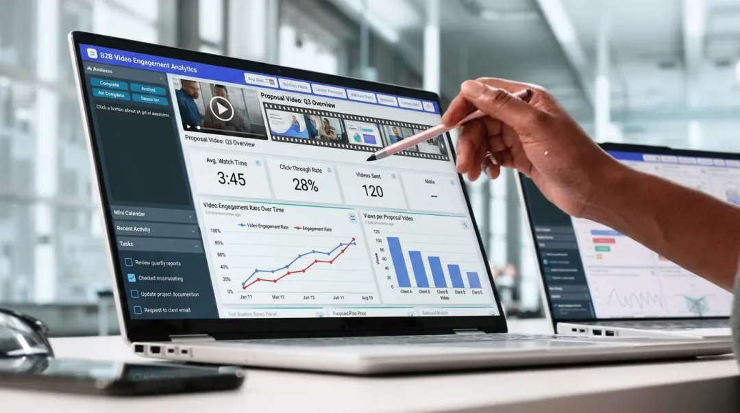 Sales professional reviewing video engagement analytics on laptop showing proposal performance metrics