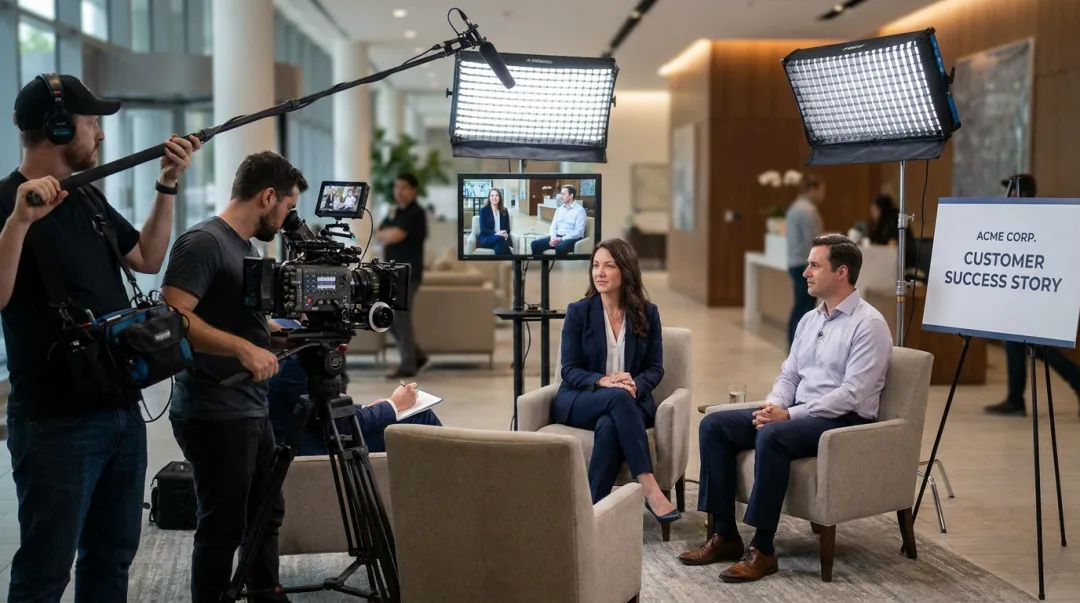 B2B customer testimonial video production shoot with professional crew and client on camera
