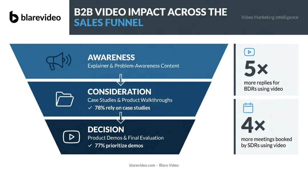 B2B video funnel stage impact statistics from awareness to decision stage