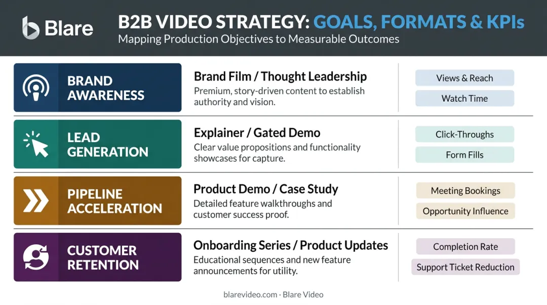 B2B video marketing goal format and KPI alignment framework infographic