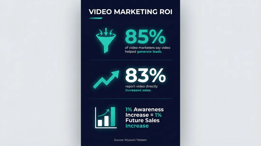 Video marketing ROI statistics showing lead generation sales and awareness lift data
