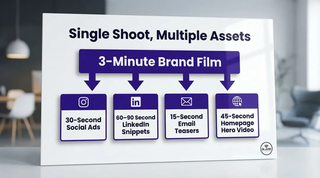 Content atomization strategy breaking 3-minute brand film into four short-form formats