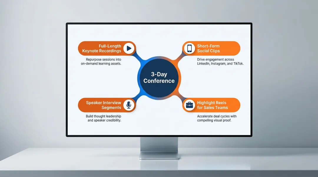Event video repurposing strategy showing four content formats from single production